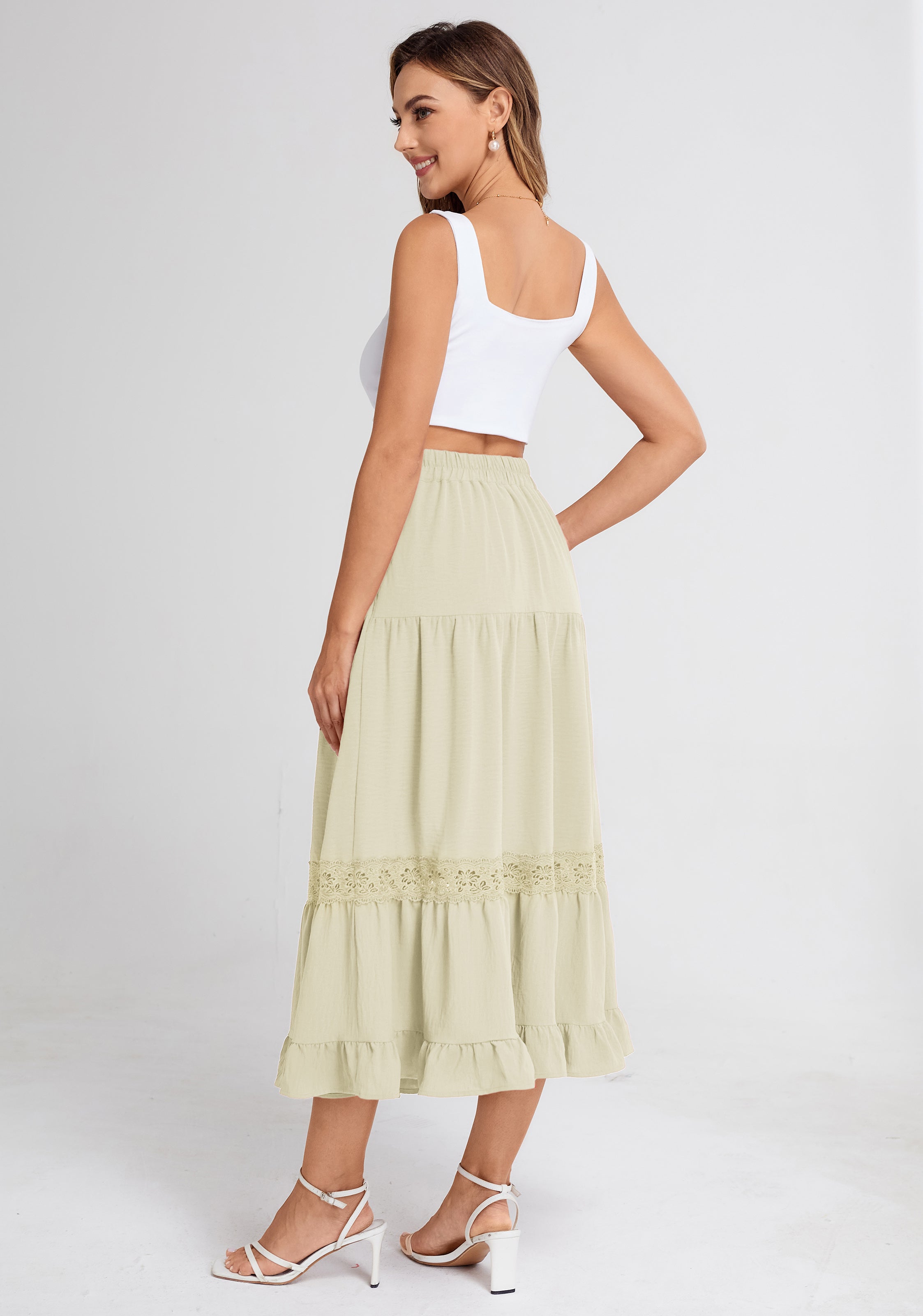 belle poque Women's Midi Skirt Boho Flowy Aline Ruffle Lace Tiered Skirt with Pockets 2025