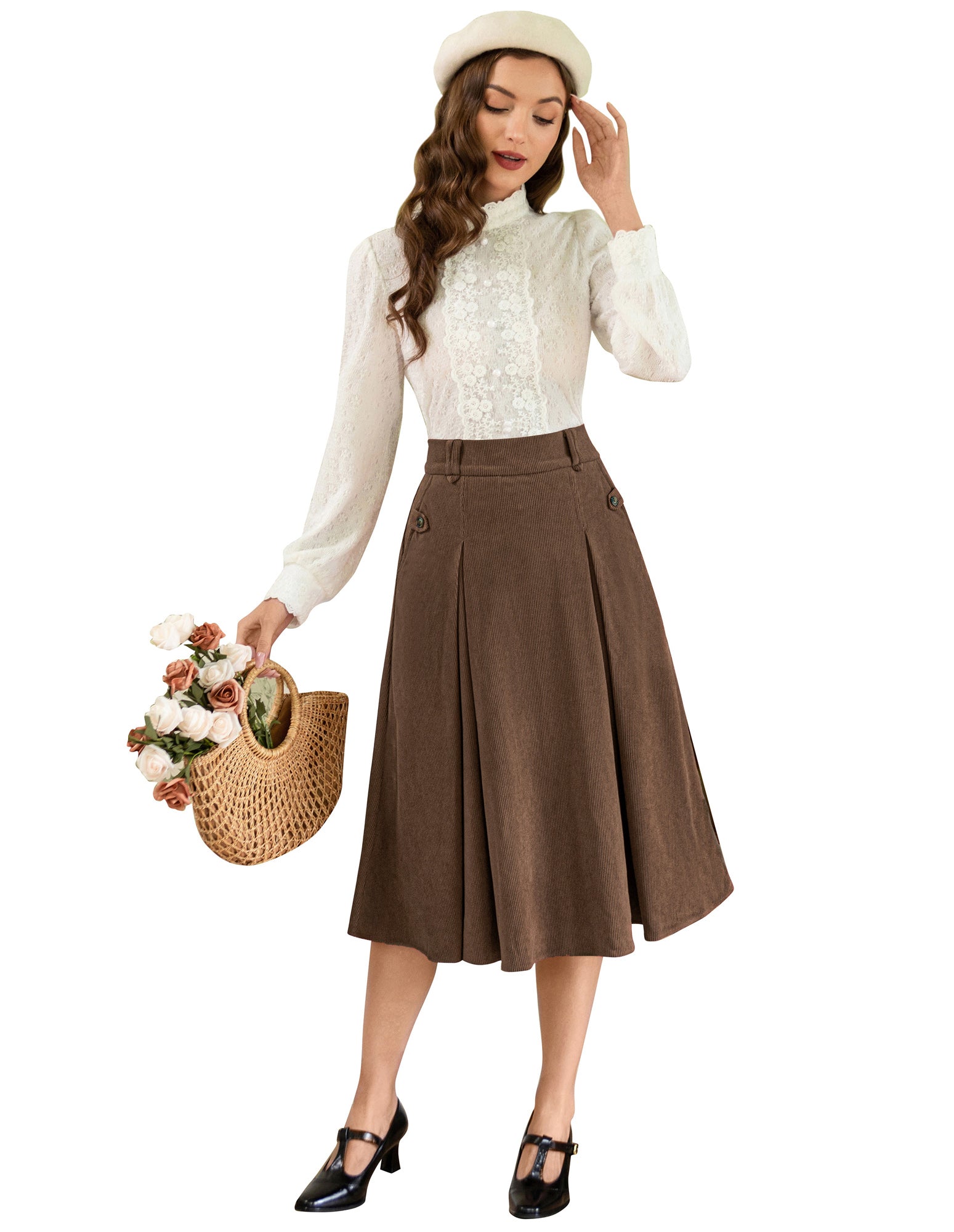 belle poque Vintage Swing Skirt Elastic Waist Flared A-Line Mid-Calf Skirt