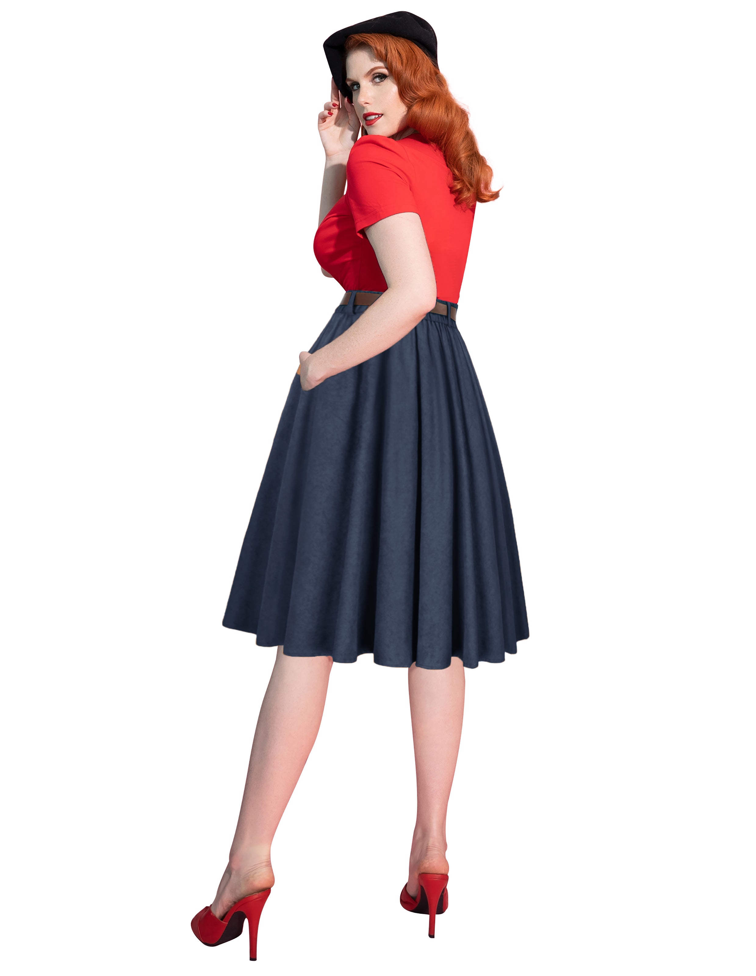 belle poque Corduroy Skirt with Belt Elastic High Waist Mid-Calf Swing Skirt