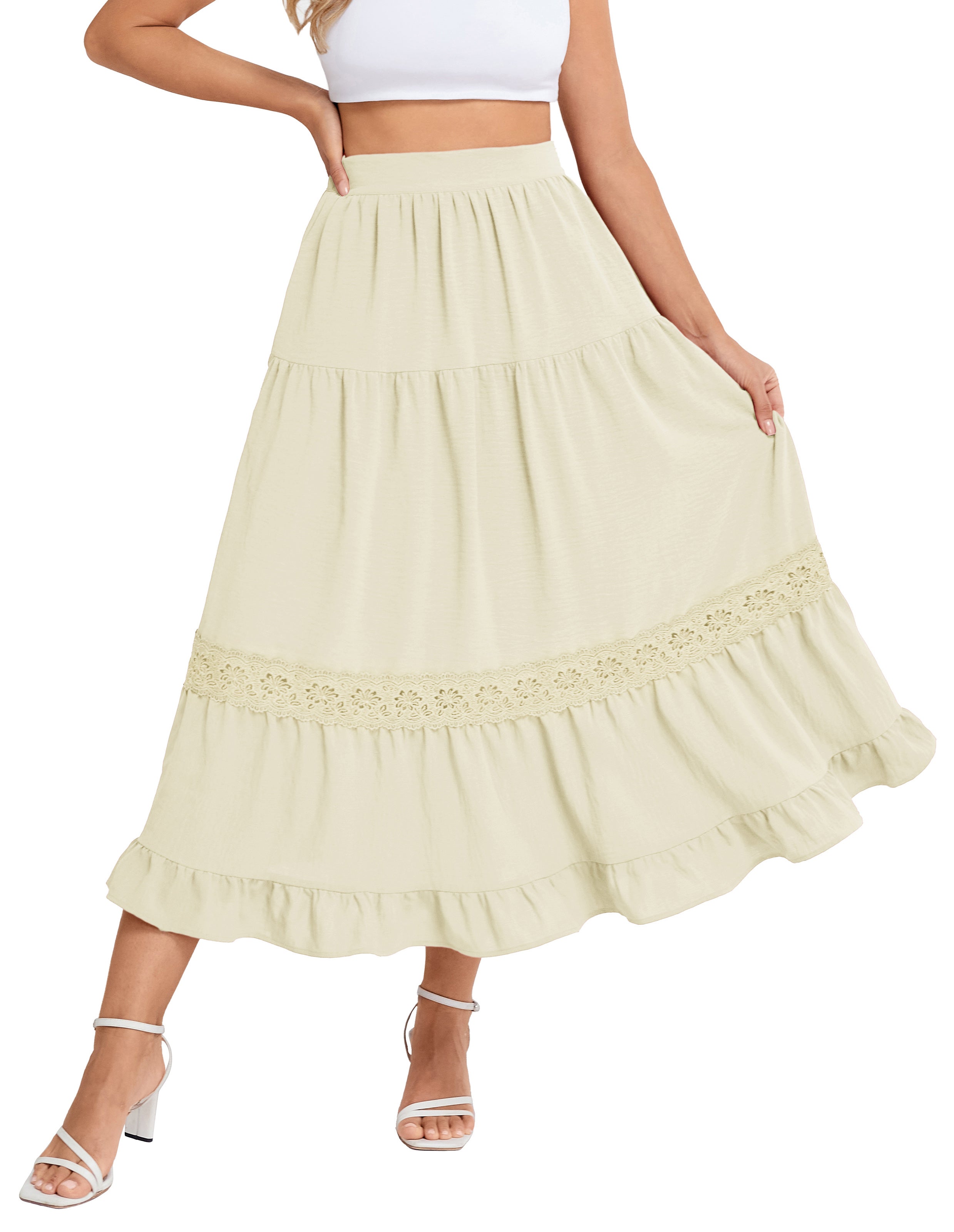 belle poque Women's Midi Skirt Boho Flowy Aline Ruffle Lace Tiered Skirt with Pockets 2025