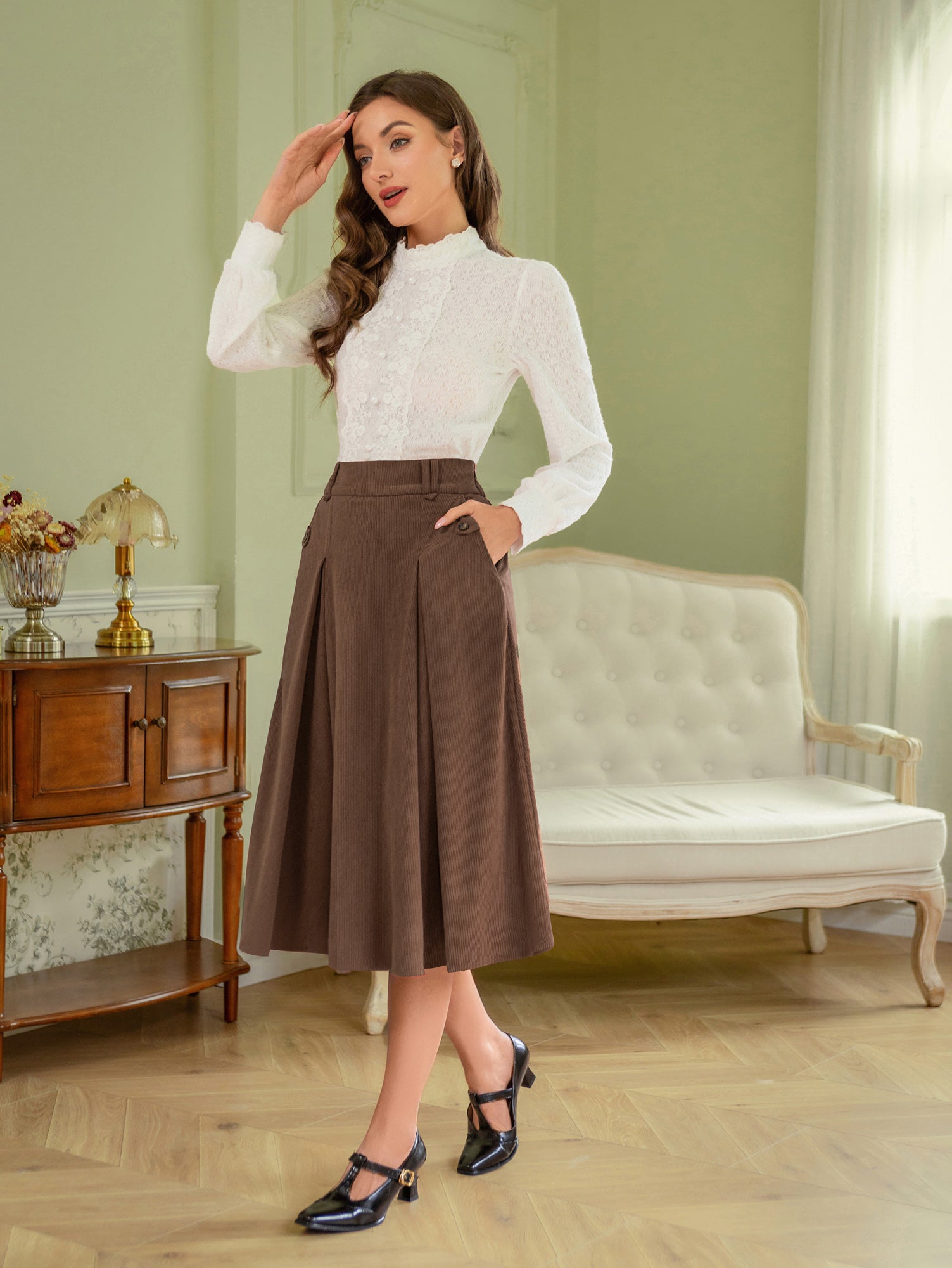 belle poque Vintage Swing Skirt Elastic Waist Flared A-Line Mid-Calf Skirt
