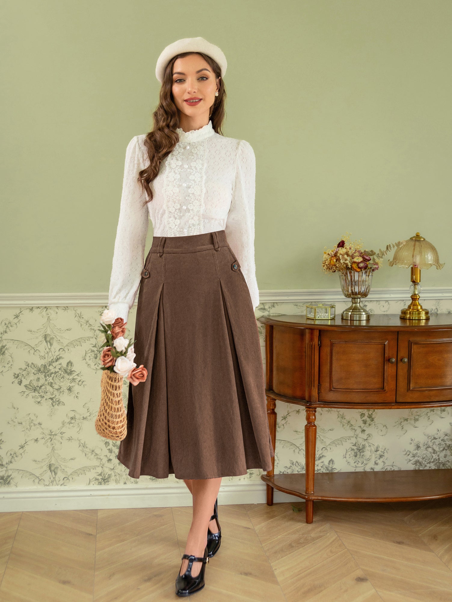 belle poque Vintage Swing Skirt Elastic Waist Flared A-Line Mid-Calf Skirt