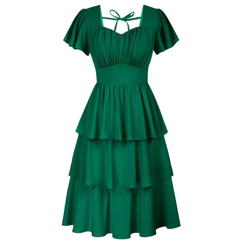 belle poque Vintage Dress 2026 Summer Layered Tiered Ruffle Swing Midi Dress Green