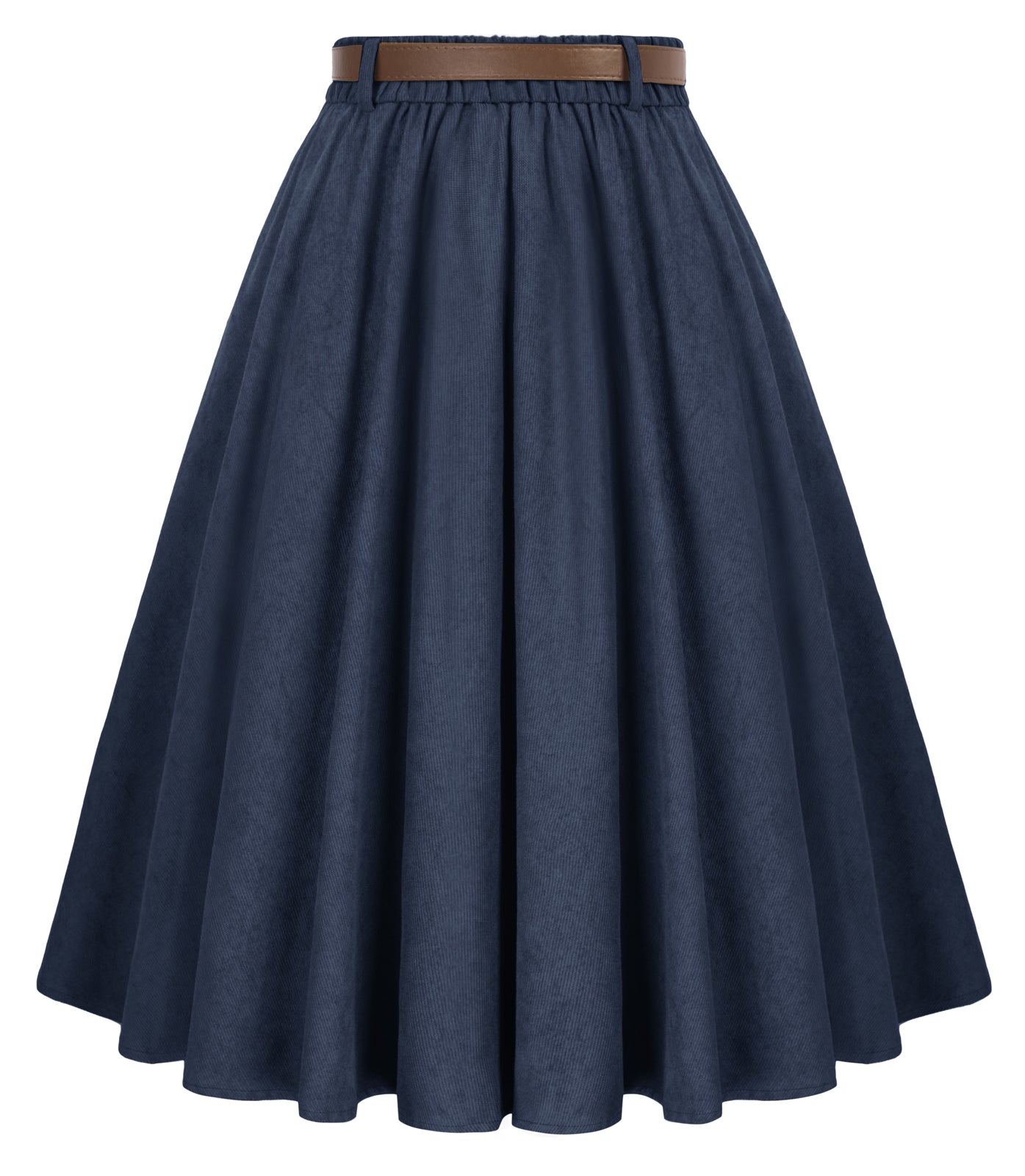 belle poque Corduroy Skirt with Belt Elastic High Waist Mid-Calf Swing Skirt Lavy blue