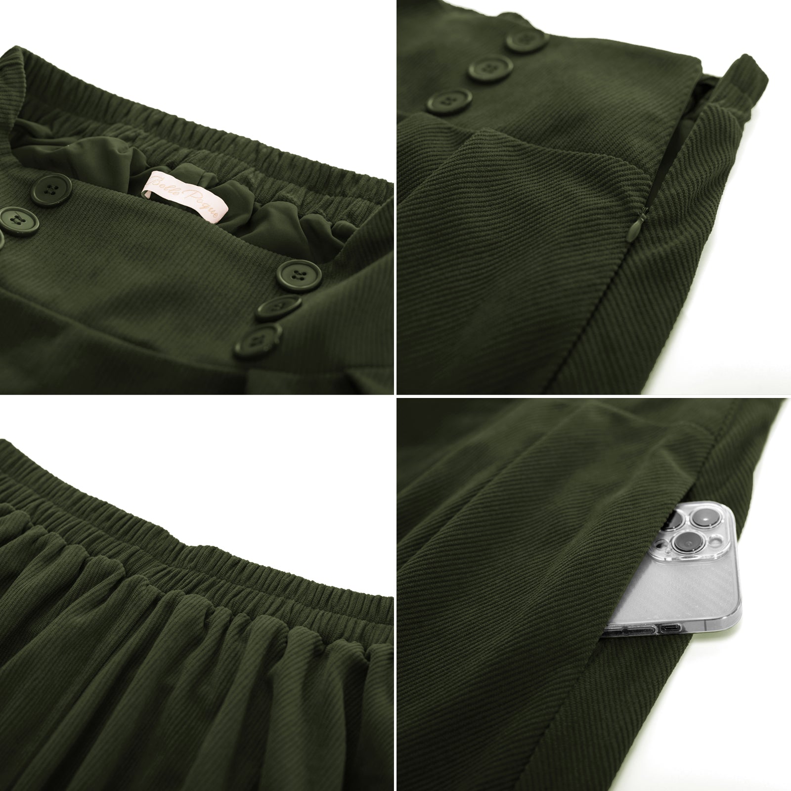 belle poque Vintage Corduroy Skirt Elastic High Waist Buttons Decorated Swing Skirt with Pockets