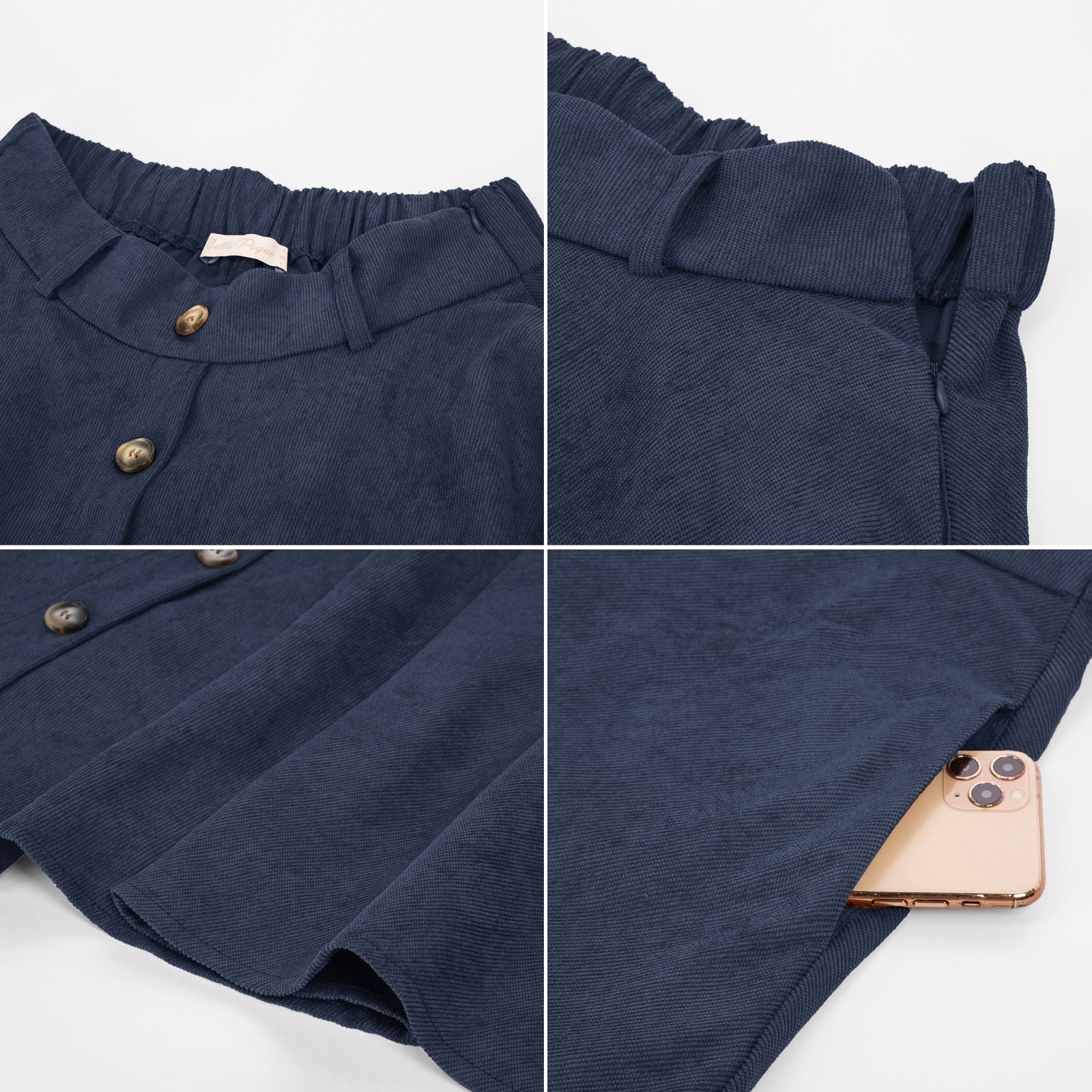 belle poque Corduroy Skirt with Belt Elastic High Waist Mid-Calf Swing Skirt