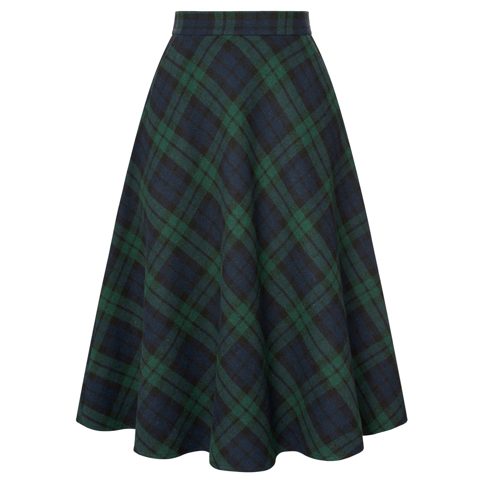 belle poque Women Vintage Plaided Swing Skirt Elastic Waist Mid-Calf Length A-Line Skirt Green