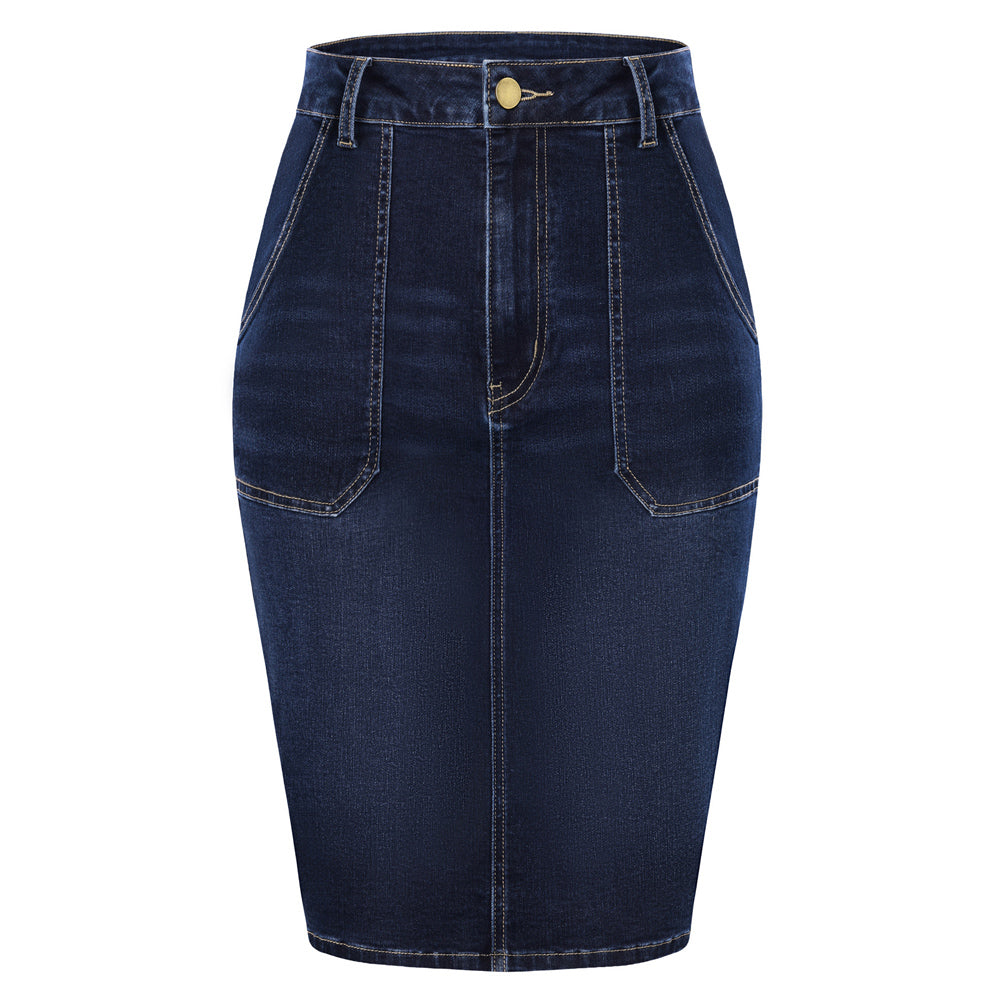 belle poque 1980s Vintage Women's Denim Skirt Knee Length Jean Skirt with Pockets Blue 4