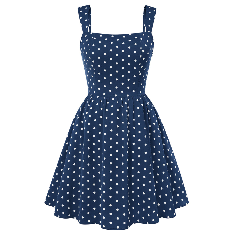 belle poque Women 1950s Vintage Polka-Dots Dress Semi-Formal Mini Dresses Blue
