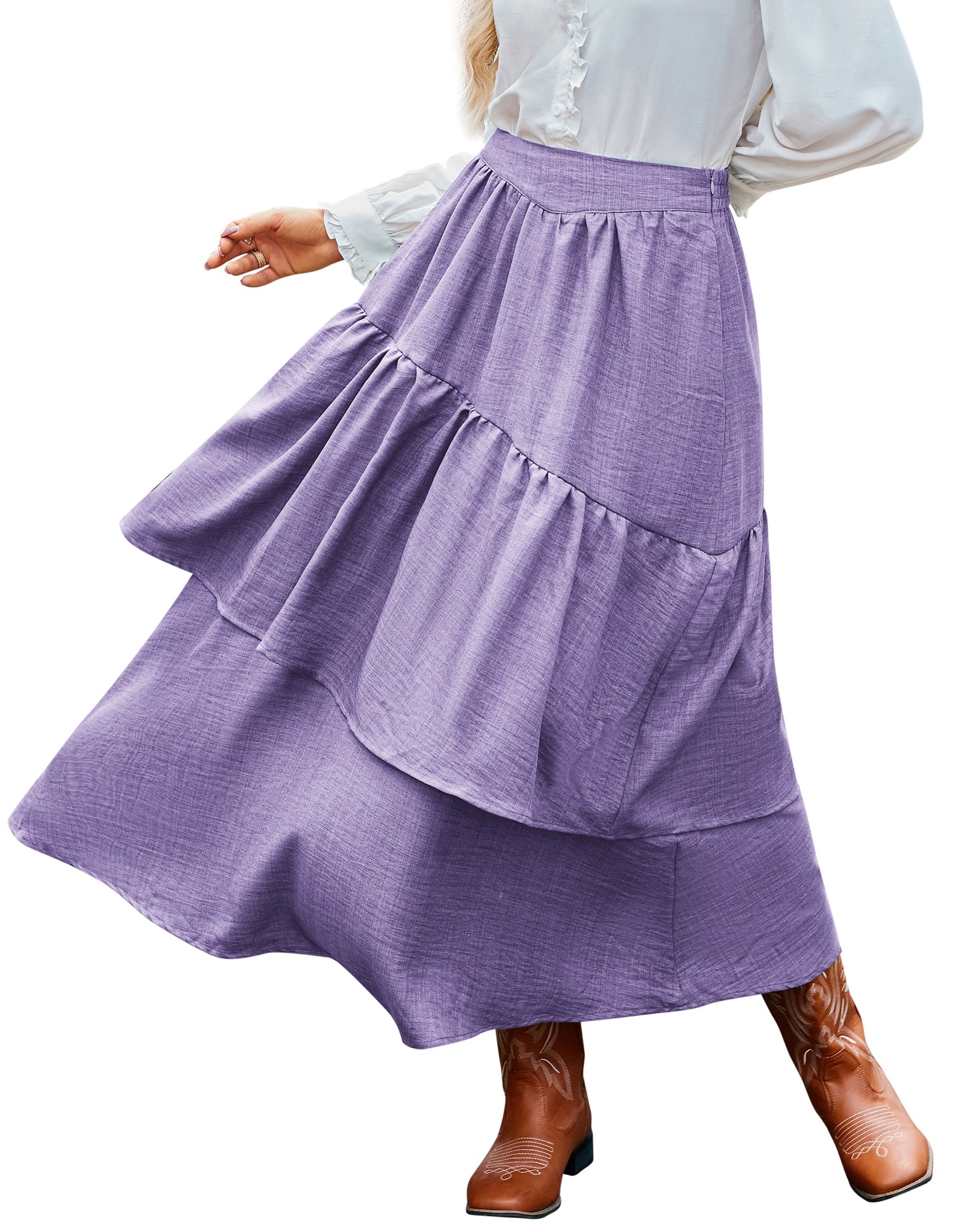 belle poque BP Women Vintage 2-Layer Swing Skirt Elastic High Waist Maxi Skirt