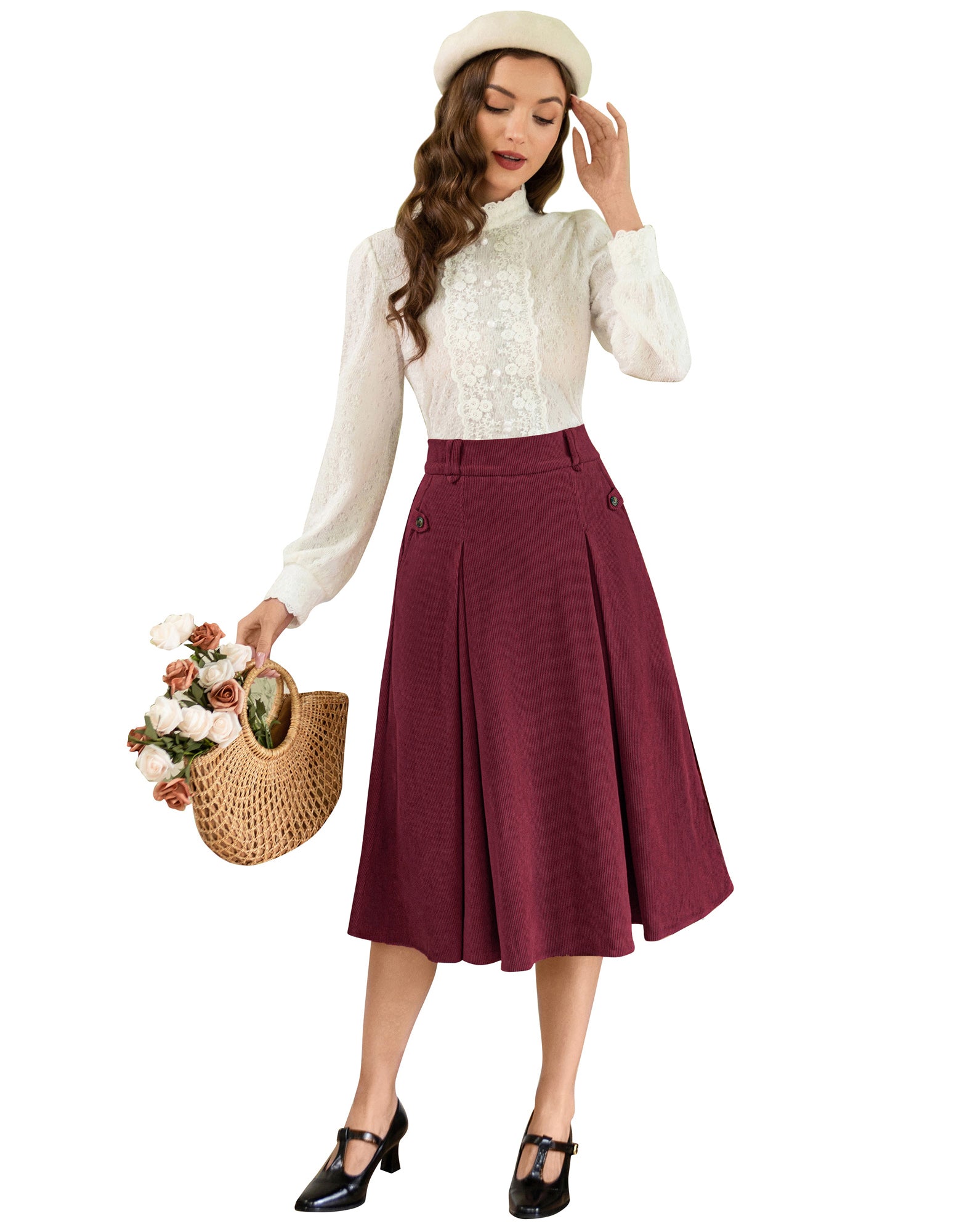 belle poque Vintage Swing Skirt Elastic Waist Flared A-Line Mid-Calf Skirt