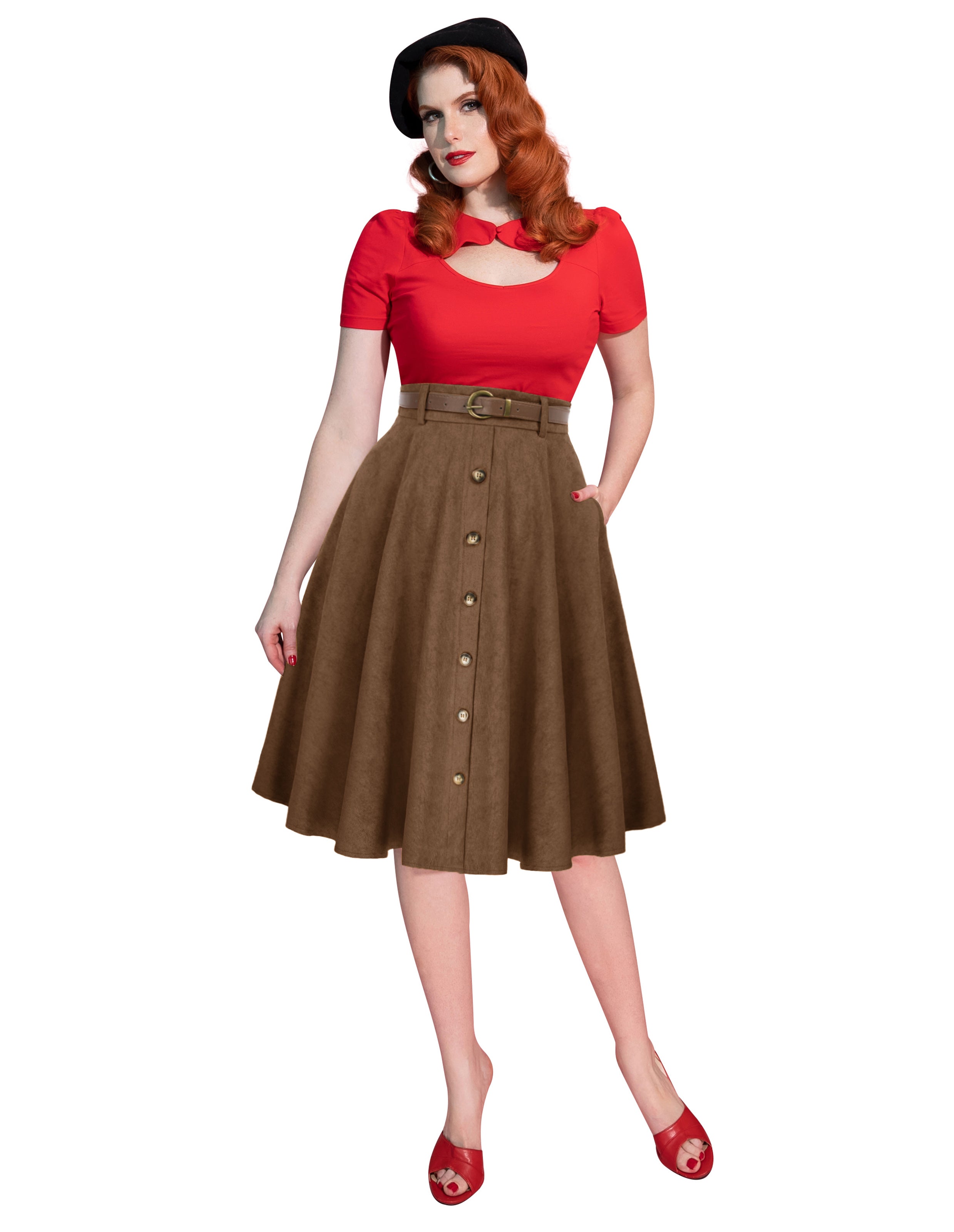 belle poque Corduroy Skirt with Belt Elastic High Waist Mid-Calf Swing Skirt