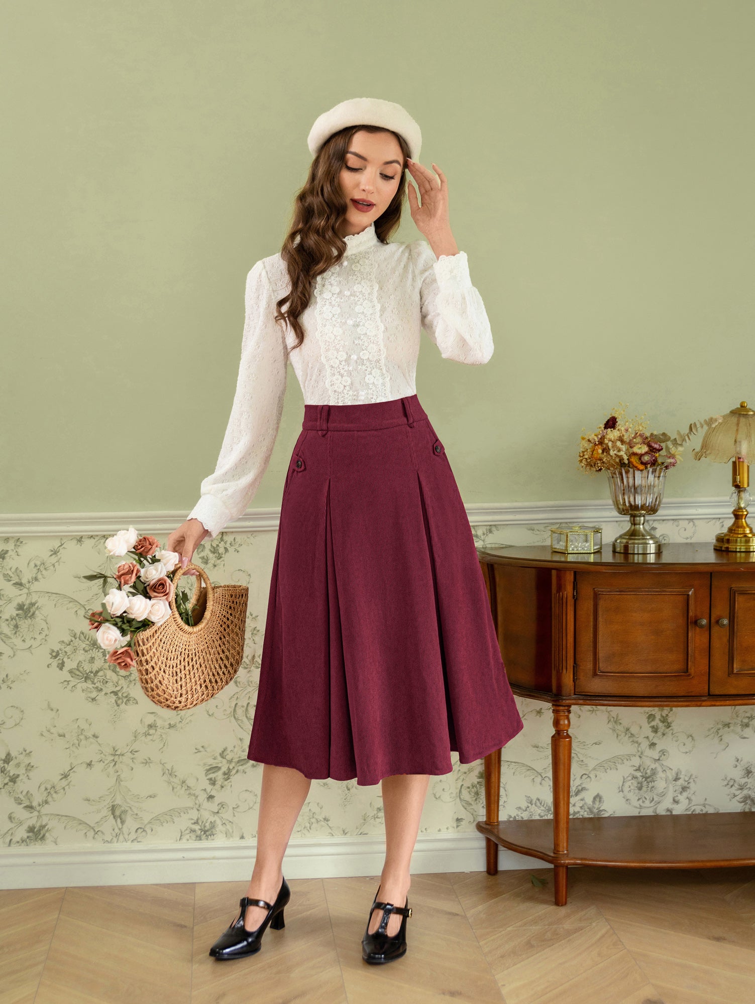 belle poque Vintage Swing Skirt Elastic Waist Flared A-Line Mid-Calf Skirt