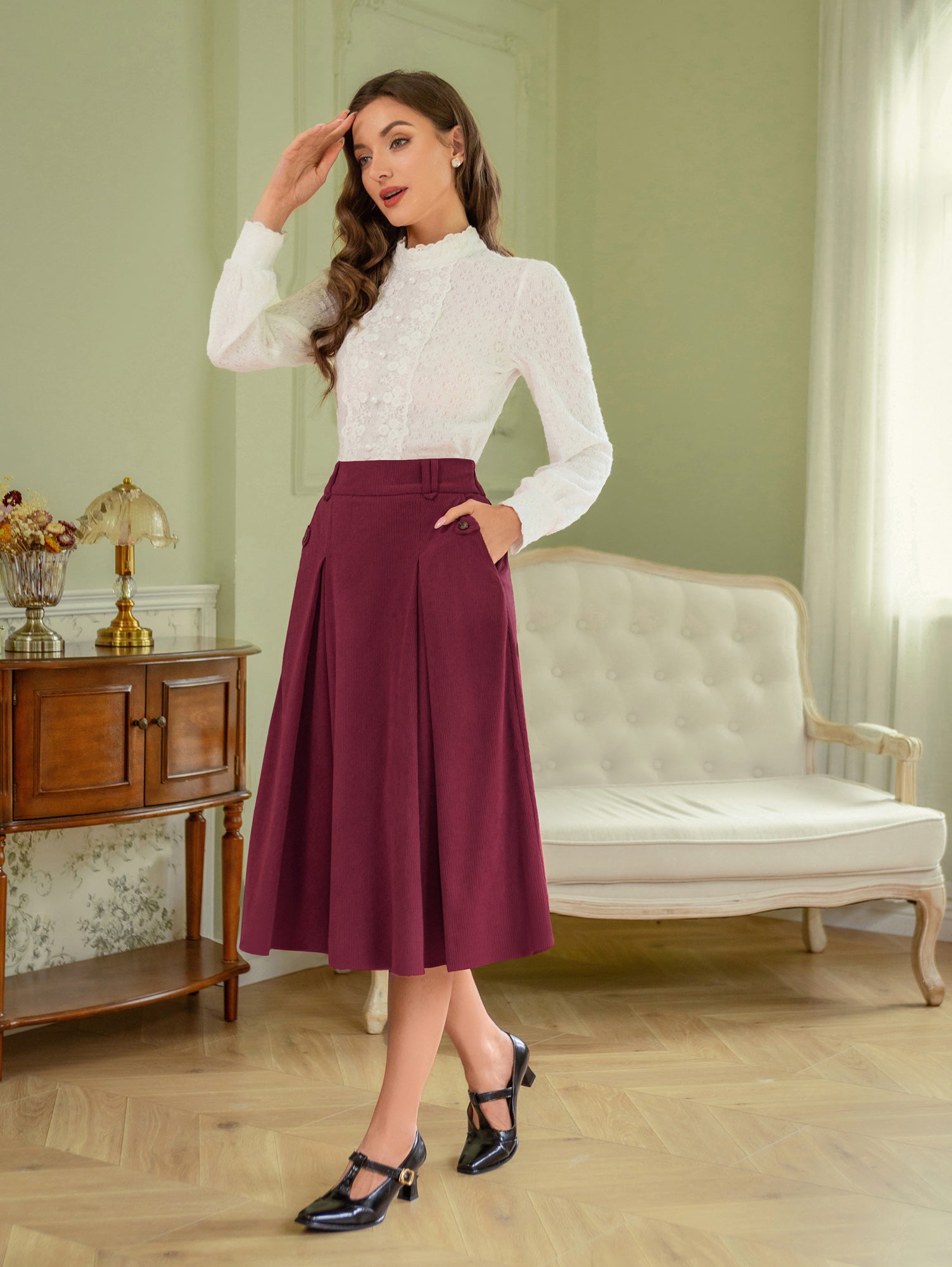 belle poque Vintage Swing Skirt Elastic Waist Flared A-Line Mid-Calf Skirt