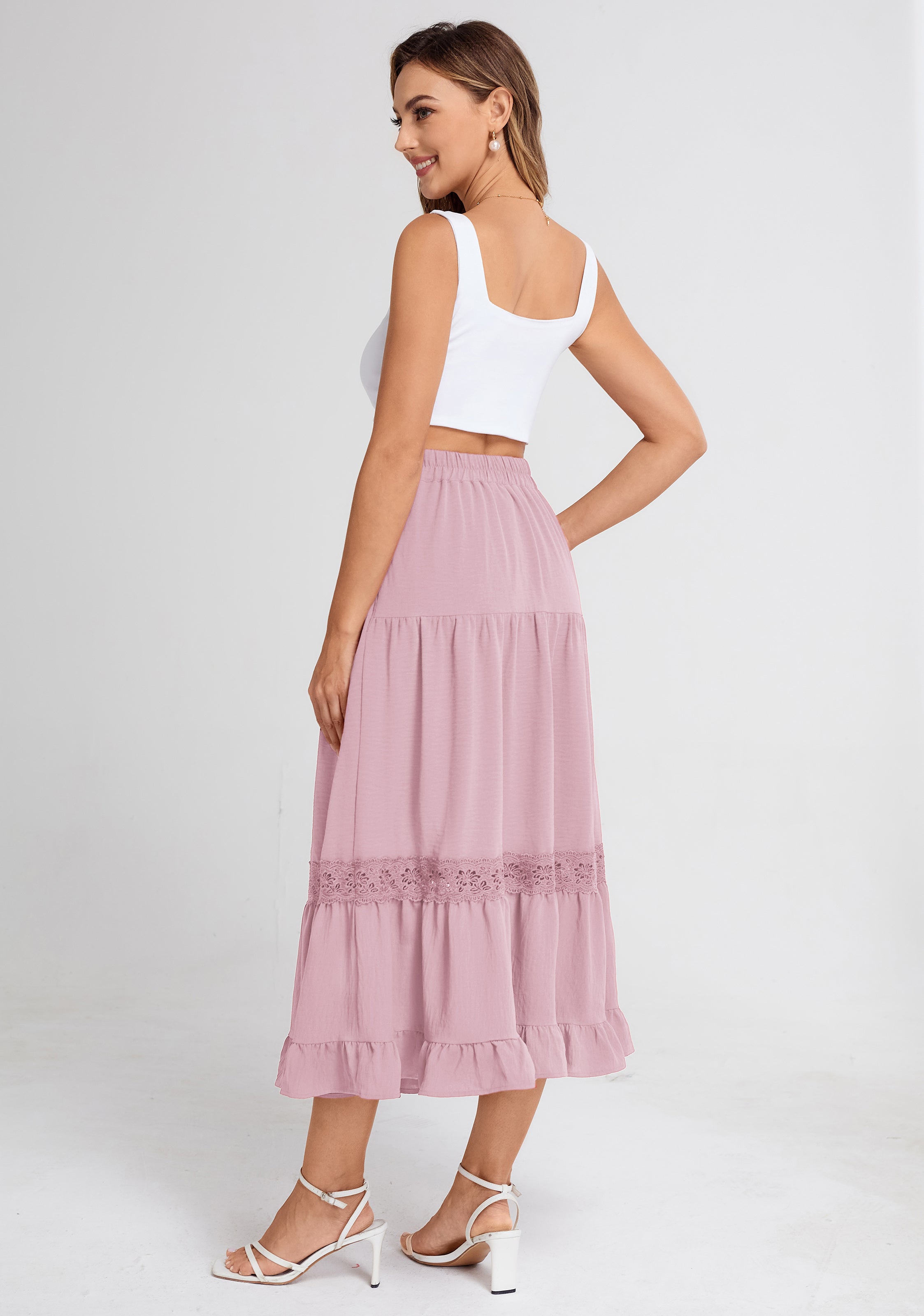 belle poque Women's Midi Skirt Boho Flowy Aline Ruffle Lace Tiered Skirt with Pockets 2025