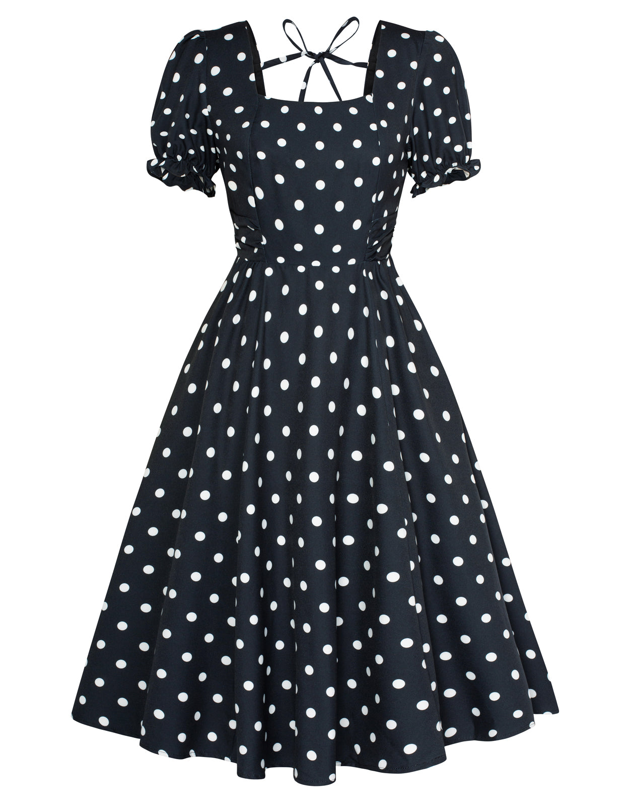 belle poque Vintage Daisy Flower Print Cottagecore Cocktail Dresses Square Neck Puff Sleeve Dress with Pockets Polka Dot