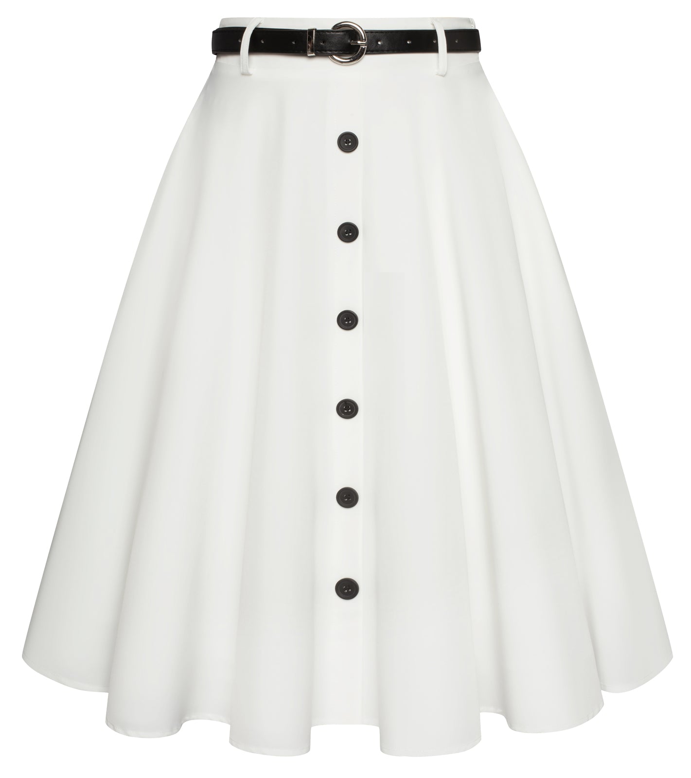 belle poque Swing Skirt with Belt Elastic High Waist Buttons Decorated Skirt White