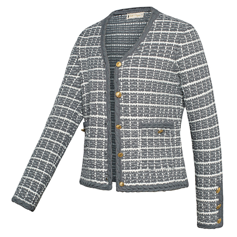 belle poque Contrast Color Cardigan Long Sleeve V-Neck Cable Knitted Sweater Gray