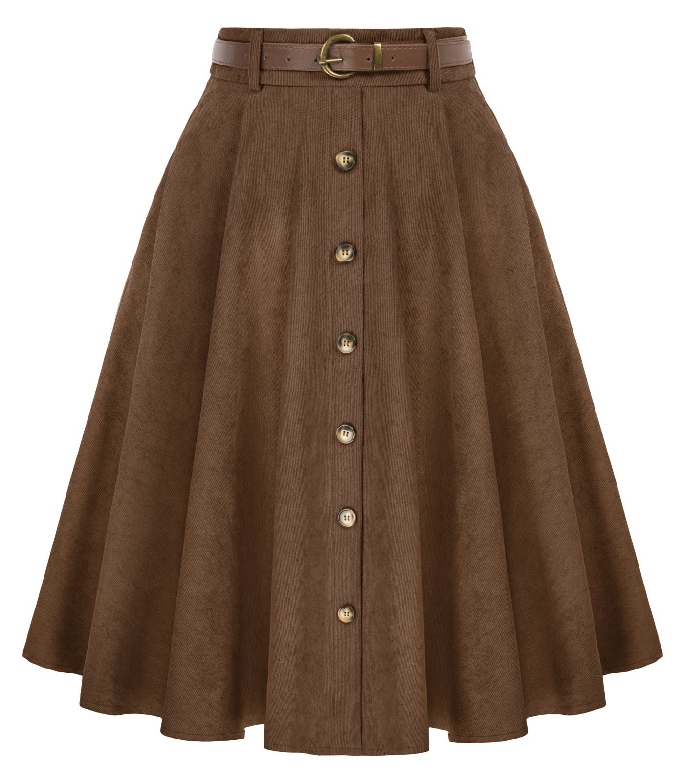 belle poque Corduroy Skirt with Belt Elastic High Waist Mid-Calf Swing Skirt Brown