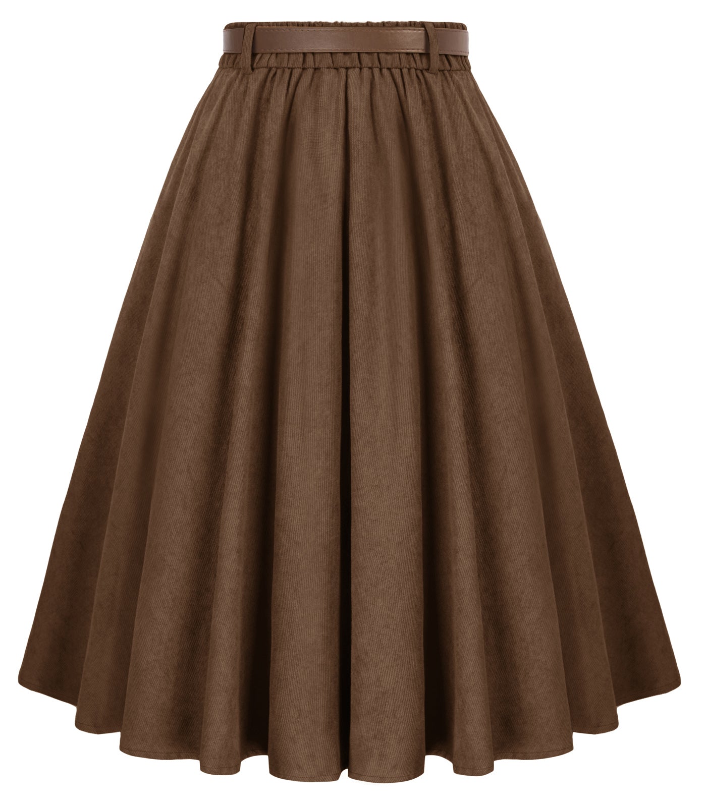 belle poque Corduroy Skirt with Belt Elastic High Waist Mid-Calf Swing Skirt