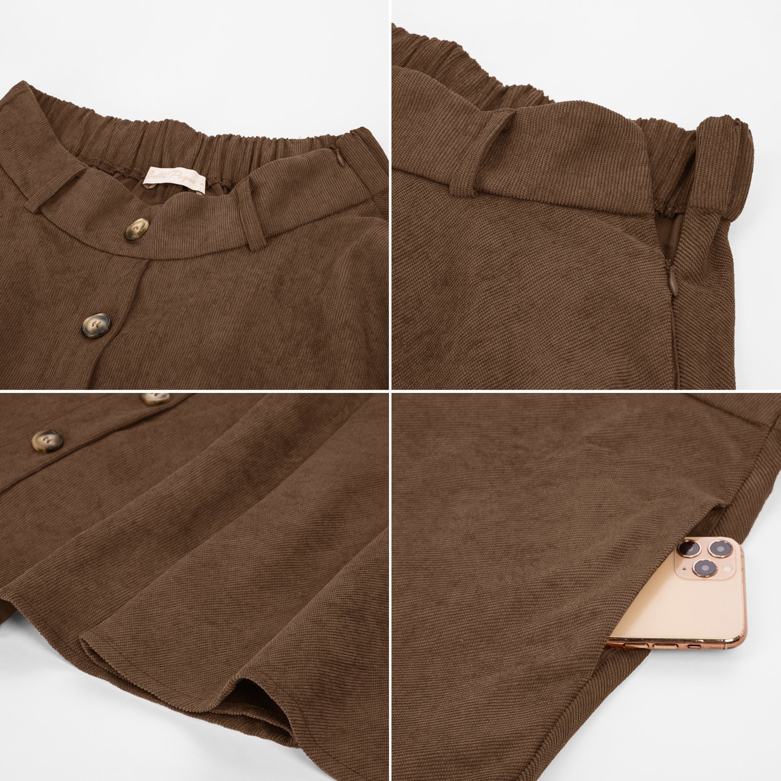 belle poque Corduroy Skirt with Belt Elastic High Waist Mid-Calf Swing Skirt