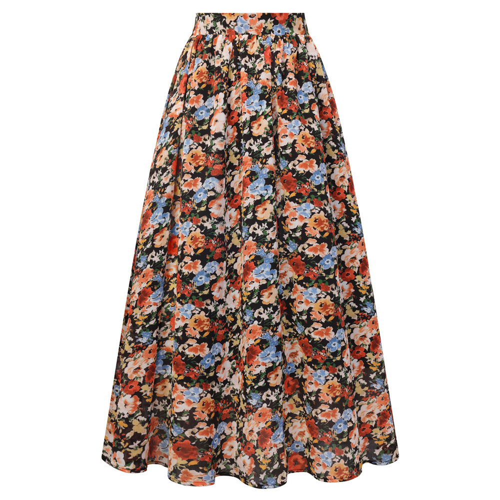 belle poque 2026 Women Vintage Swing Floral Skirt Comfy A-Line Maxi Skirt Black