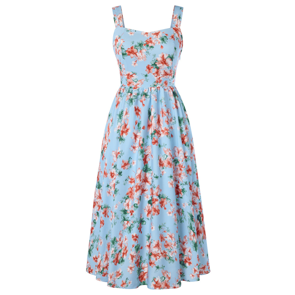 belle poque Women's Floral Midi Sundress with Pockets Spring Summer Dresses for Wedding Guest Dark Blue
