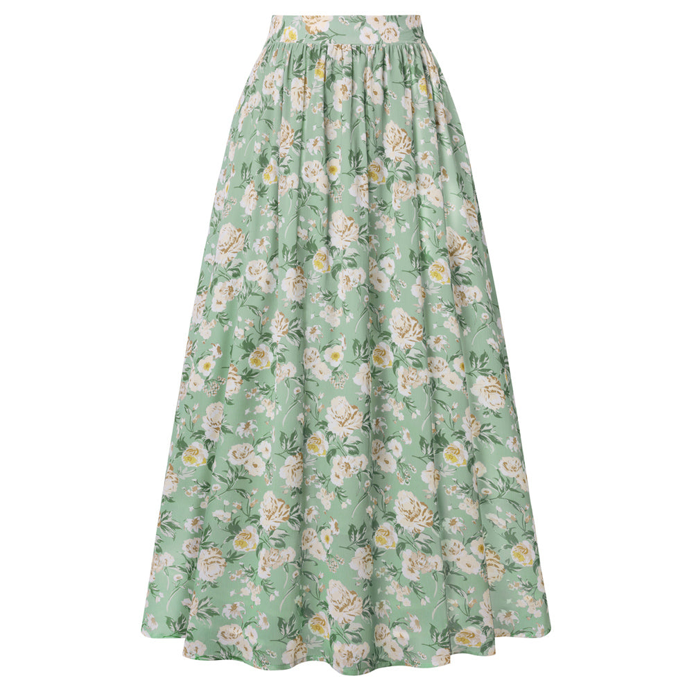 belle poque Women Summer Vacation Swing Floral Skirt Comfy A-Line Maxi Skirt Green