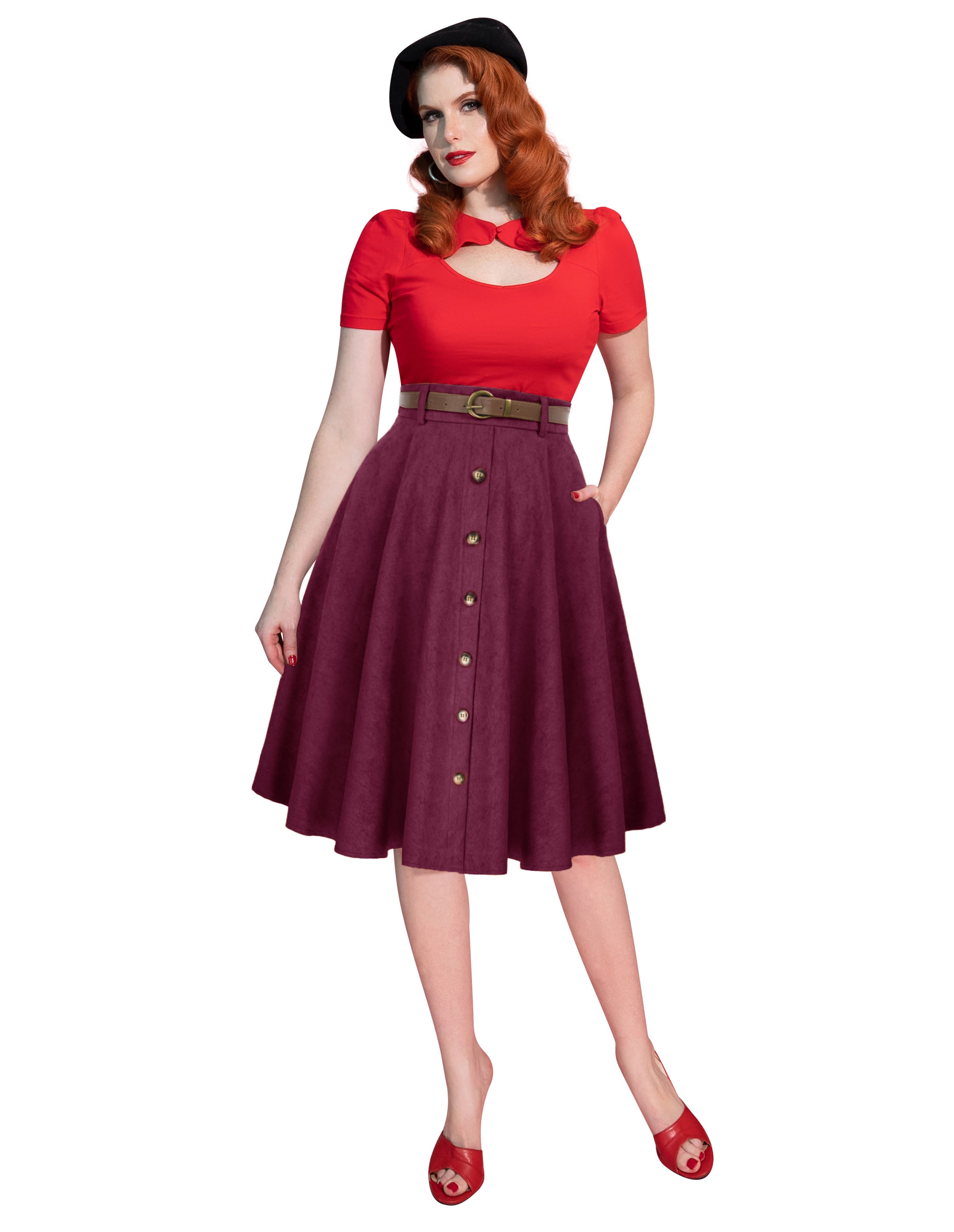 belle poque Corduroy Skirt with Belt Elastic High Waist Mid-Calf Swing Skirt