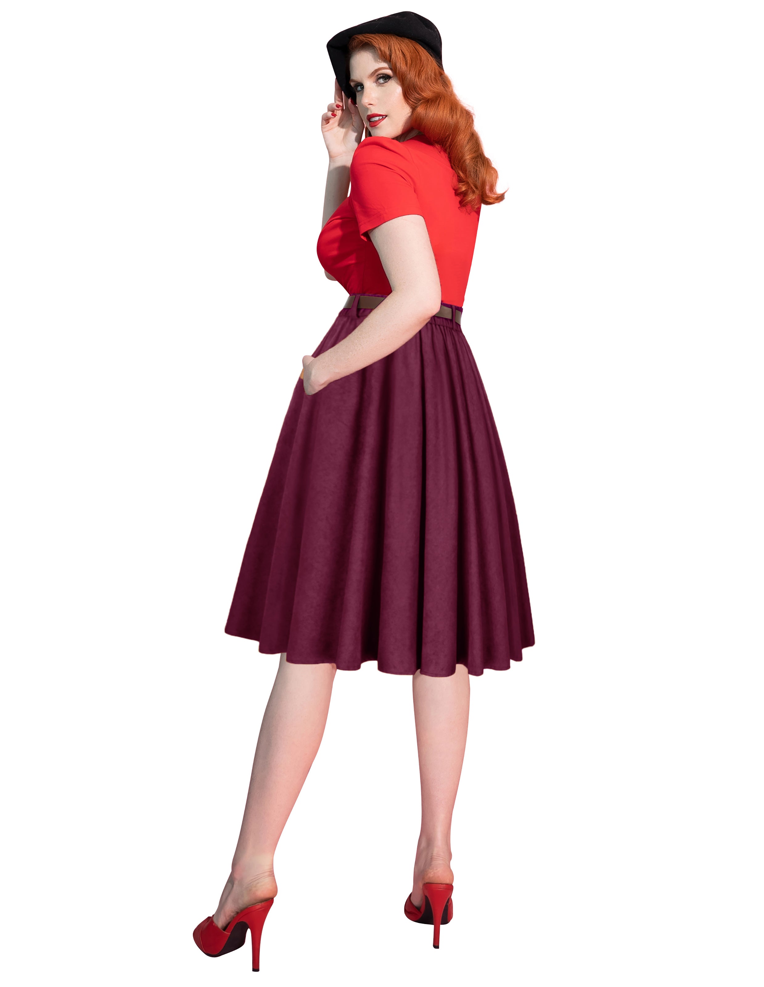 belle poque Corduroy Skirt with Belt Elastic High Waist Mid-Calf Swing Skirt