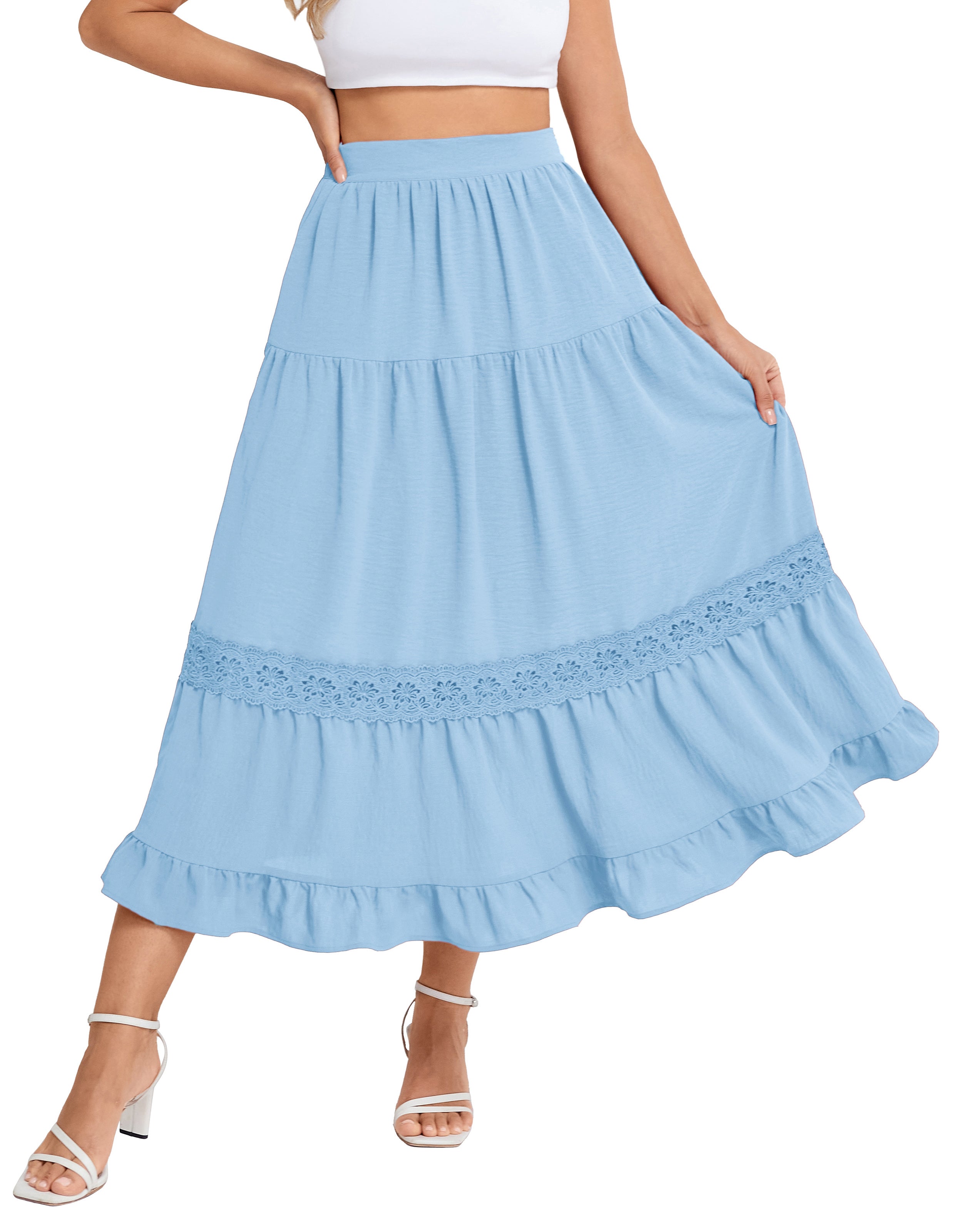 belle poque Women's Midi Skirt Boho Flowy Aline Ruffle Lace Tiered Skirt with Pockets 2025