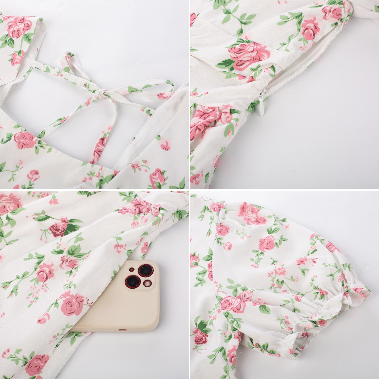 belle poque Vintage Daisy Flower Print Cottagecore Cocktail Dresses Square Neck Puff Sleeve Dress with Pockets