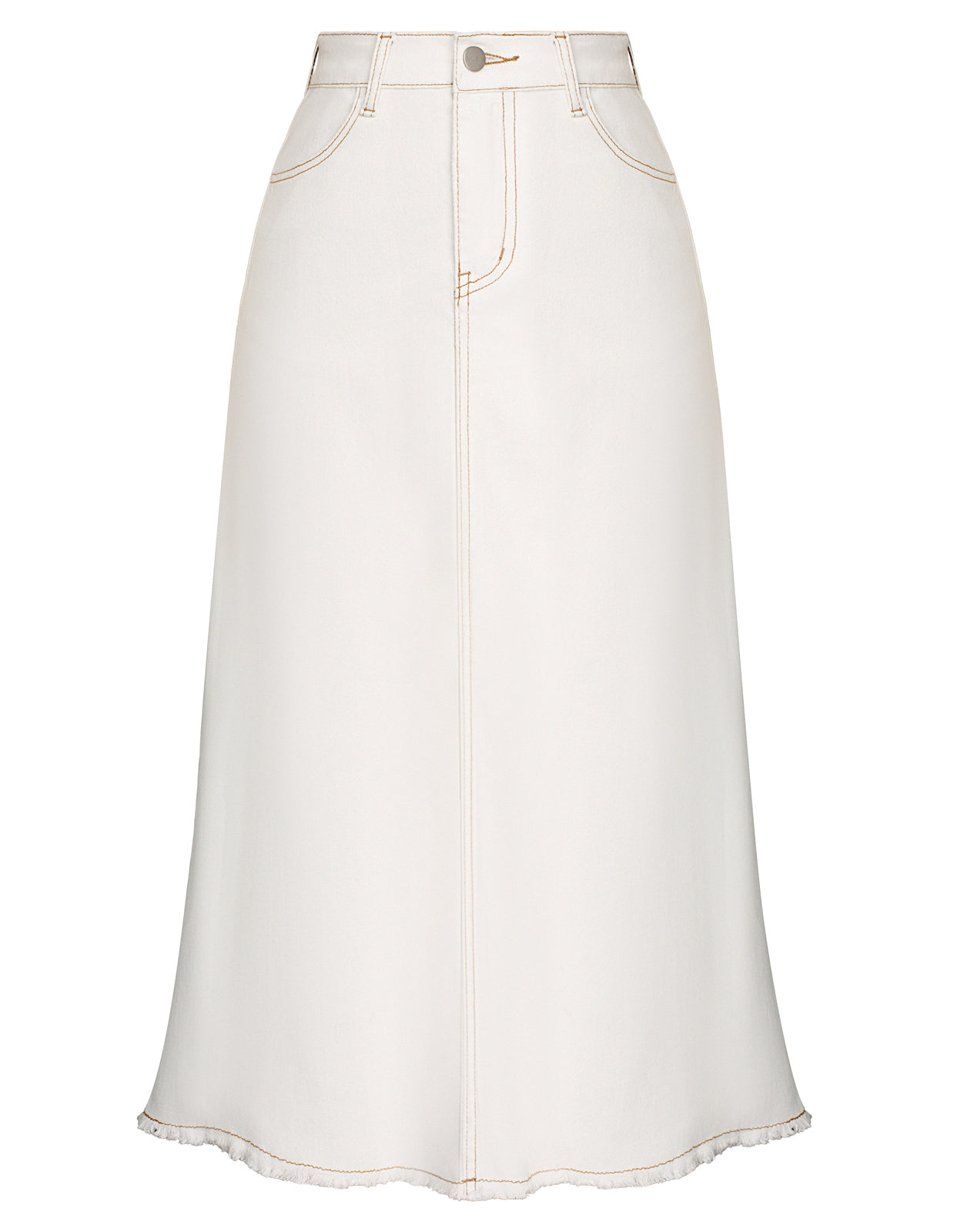 belle poque Multi-Pocket Jean Skirt Elastic High Waist Raw Hem Midi A-Line Skirt White