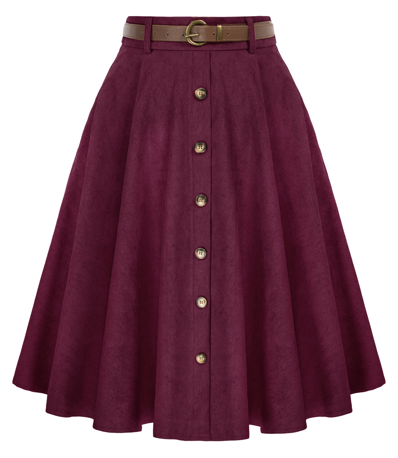 belle poque Corduroy Skirt with Belt Elastic High Waist Mid-Calf Swing Skirt Purple