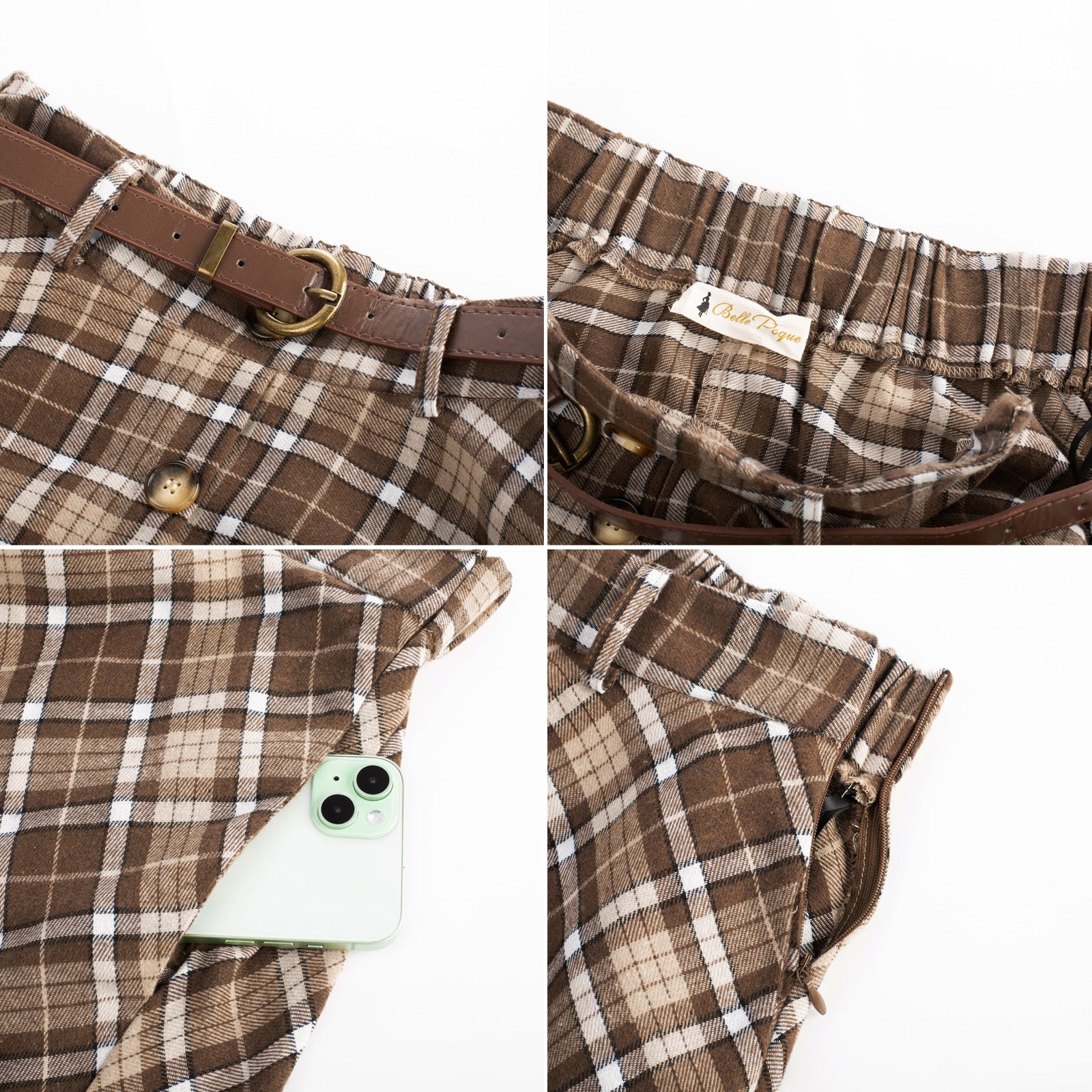 belle poque Swing Plaid Skirt with Belt Elastic High Waist Buttons Decorated Skirt