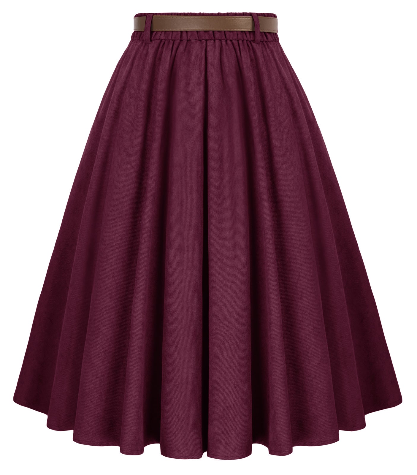 belle poque Corduroy Skirt with Belt Elastic High Waist Mid-Calf Swing Skirt