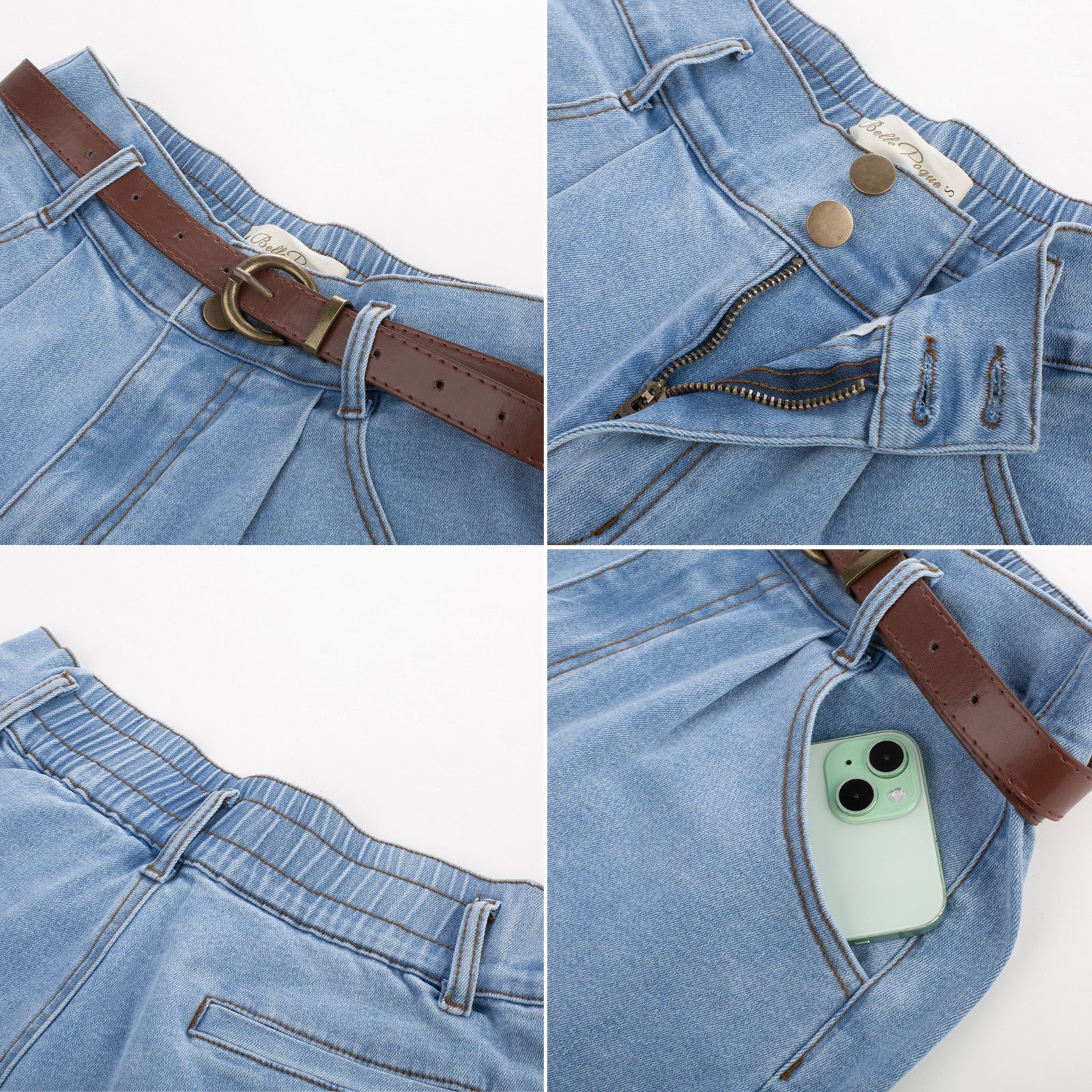 belle poque Bermuda Shorts Elastic Waist Wide Leg Shorts with Pockets & Belts