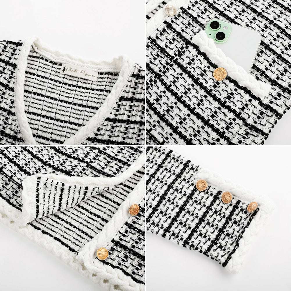 belle poque Contrast Color Cardigan Long Sleeve V-Neck Cable Knitted Sweater