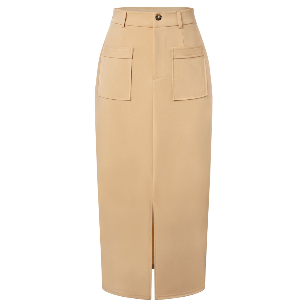 belle poque Women Cargo Skirt Long Pencil Skirt High Wiasted Skirts with Pockets & Slit Khaki