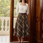 belle poque Women Vintage Plaided Swing Skirt Elastic Waist Mid-Calf Length A-Line Skirt