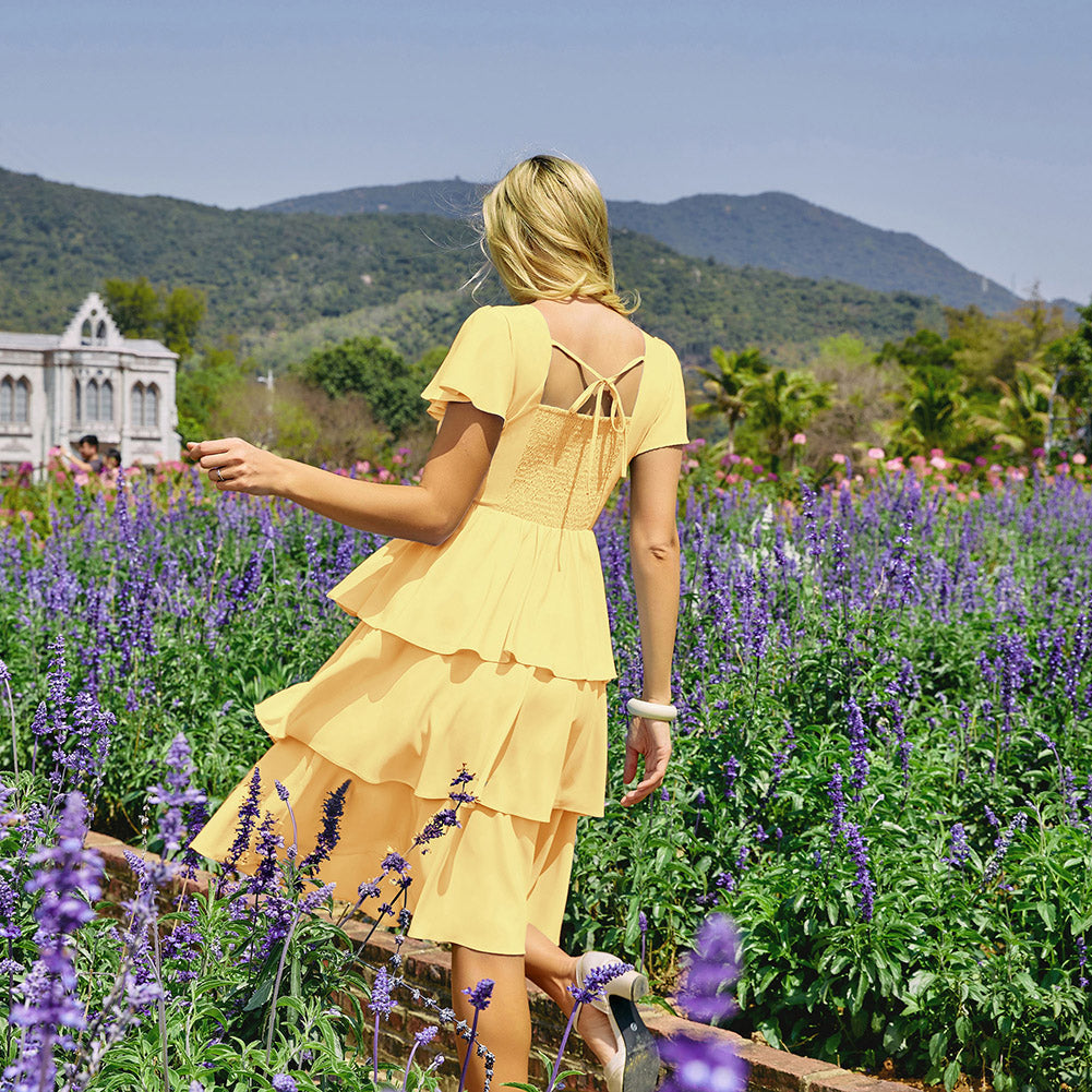 belle poque Vintage Dress 2026 Summer Layered Tiered Ruffle Swing Midi Dress