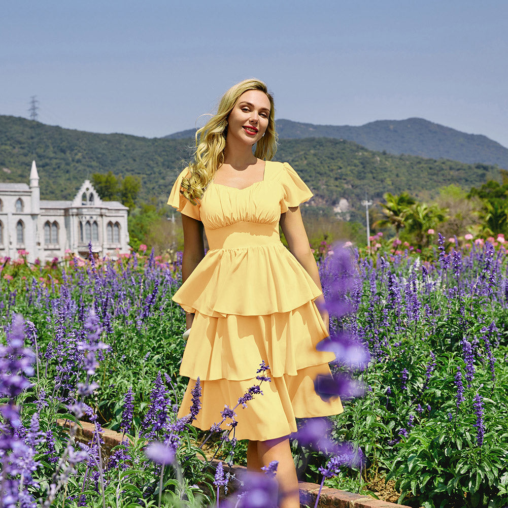 belle poque Vintage Dress 2026 Summer Layered Tiered Ruffle Swing Midi Dress