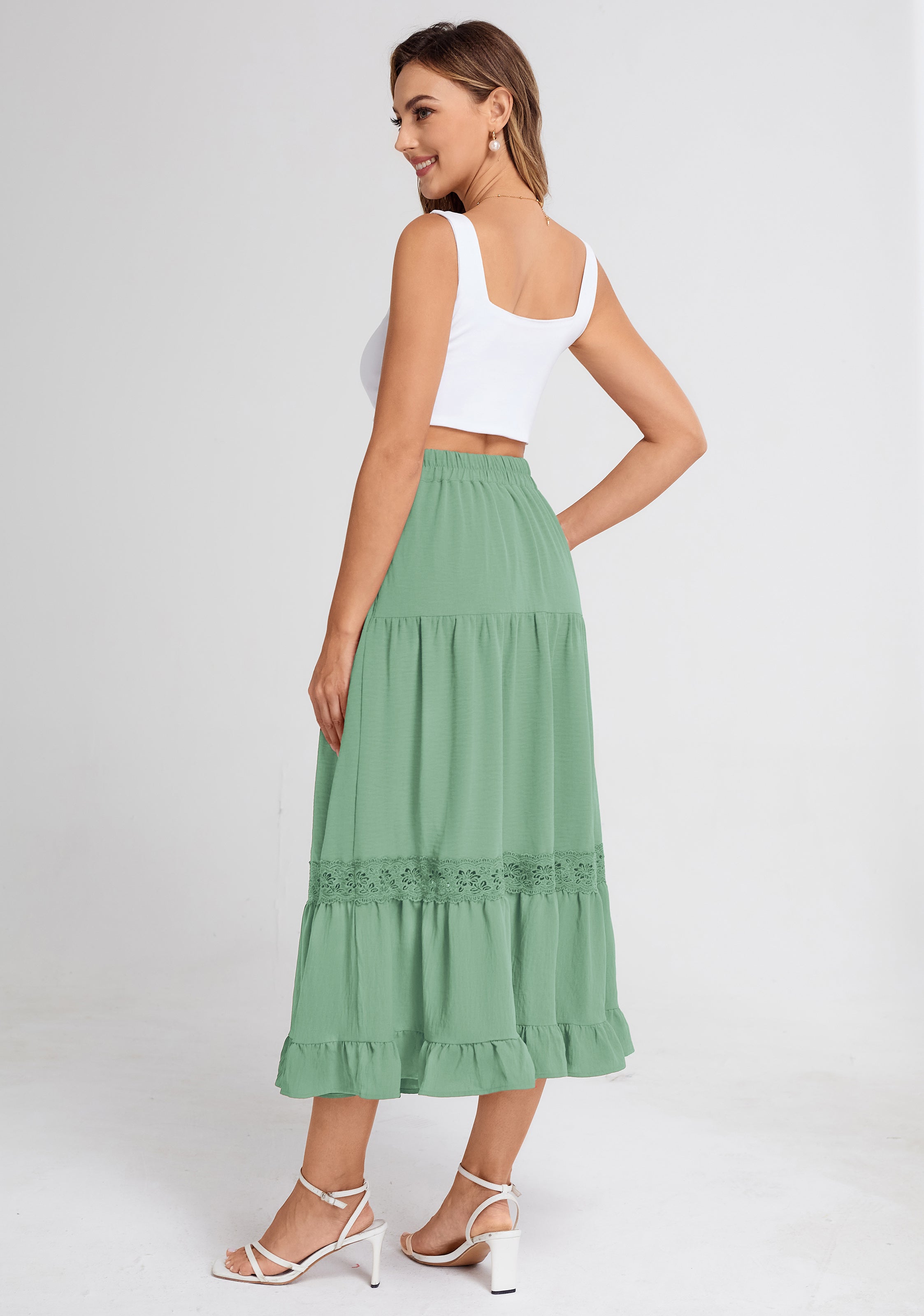 belle poque Women's Midi Skirt Boho Flowy Aline Ruffle Lace Tiered Skirt with Pockets 2025