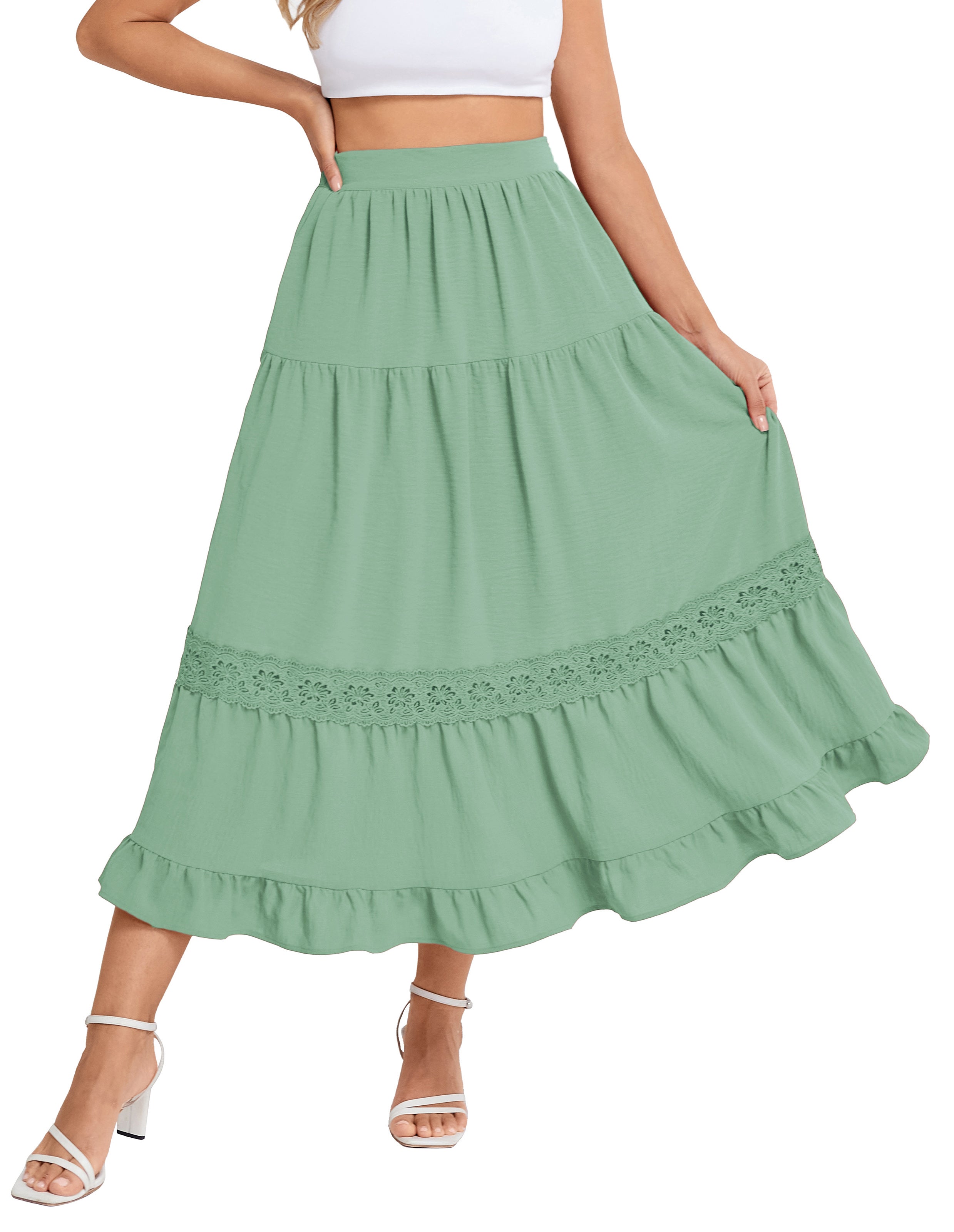 belle poque Women's Midi Skirt Boho Flowy Aline Ruffle Lace Tiered Skirt with Pockets 2025