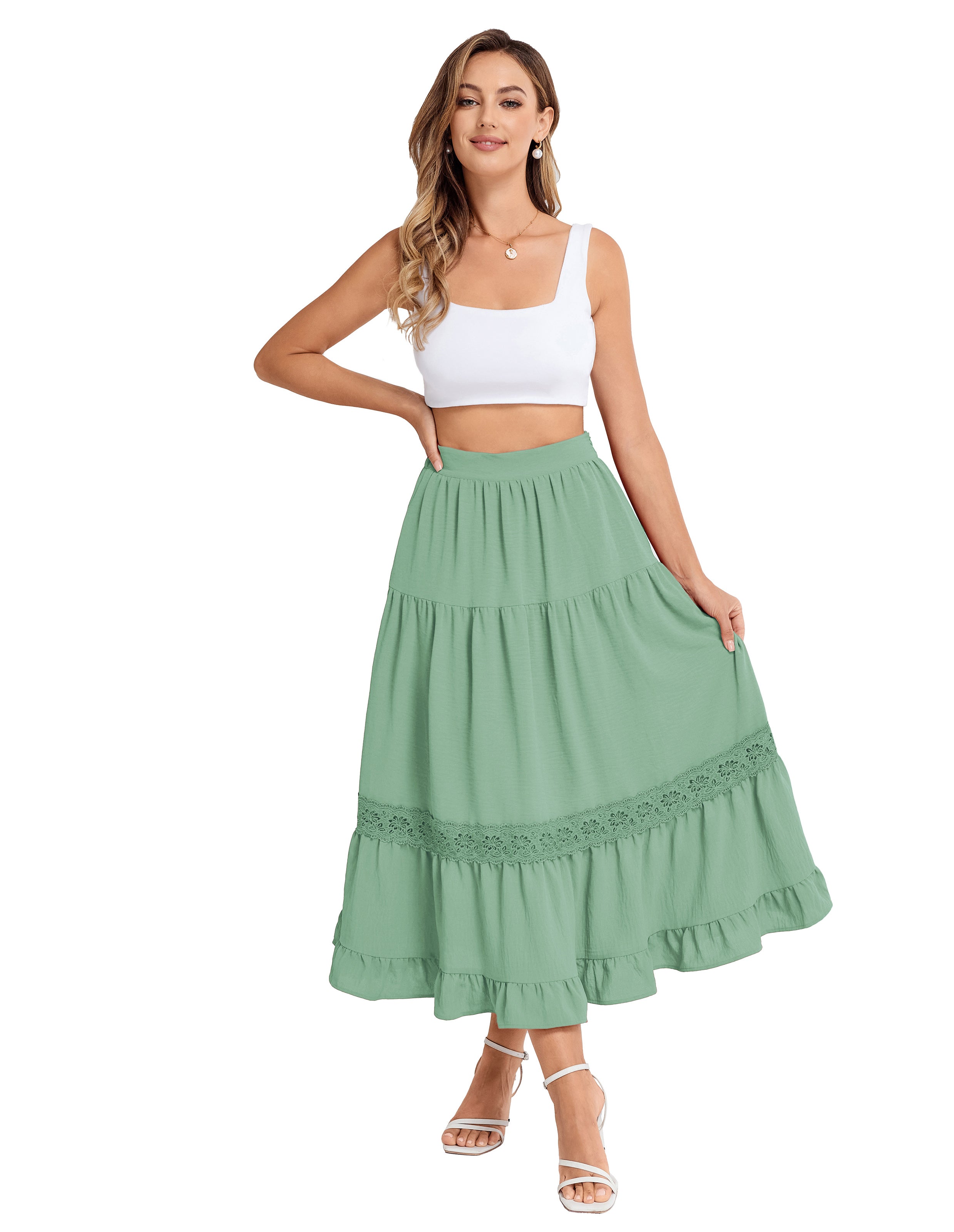 belle poque Women's Midi Skirt Boho Flowy Aline Ruffle Lace Tiered Skirt with Pockets 2025