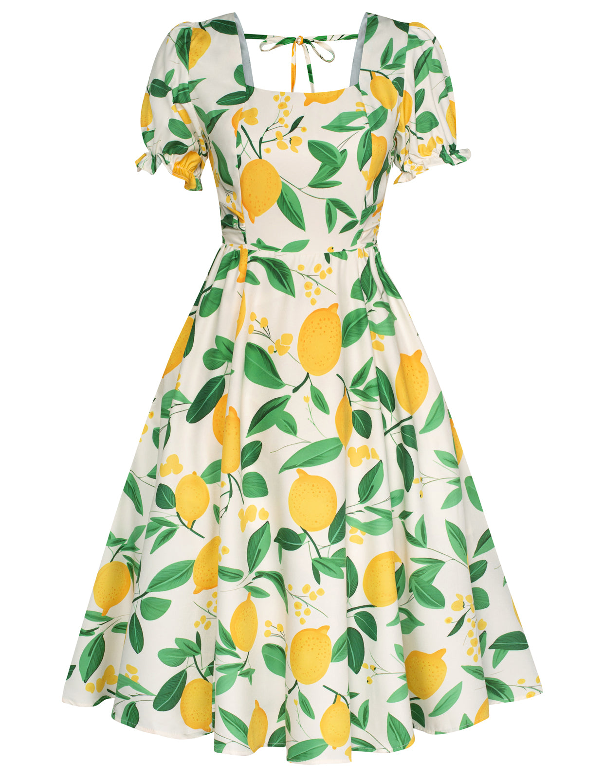 belle poque Vintage Daisy Flower Print Cottagecore Cocktail Dresses Square Neck Puff Sleeve Dress with Pockets Lemon