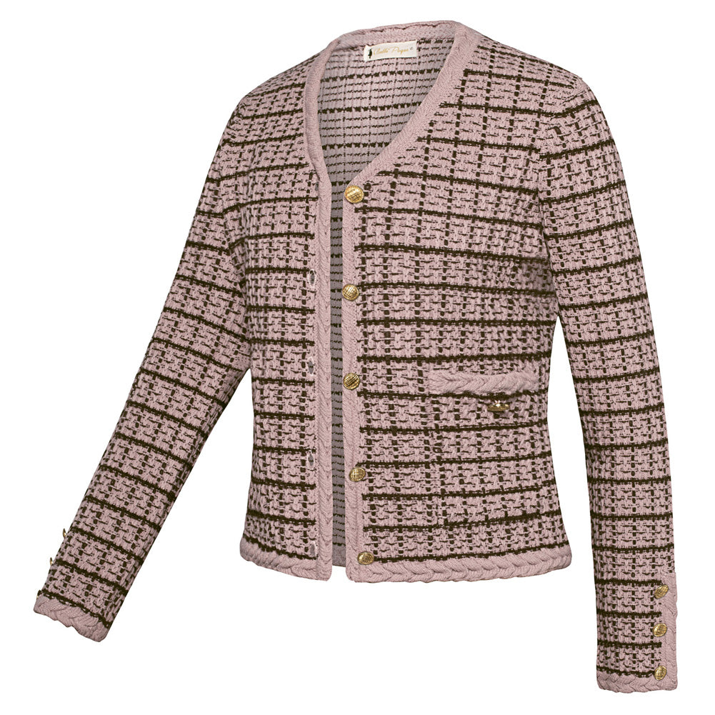 belle poque Contrast Color Cardigan Long Sleeve V-Neck Cable Knitted Sweater Light pink