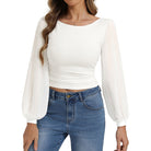 belle poque Women's Mesh Long Sleeve Tops Bow Tie Back Dressy Blouses