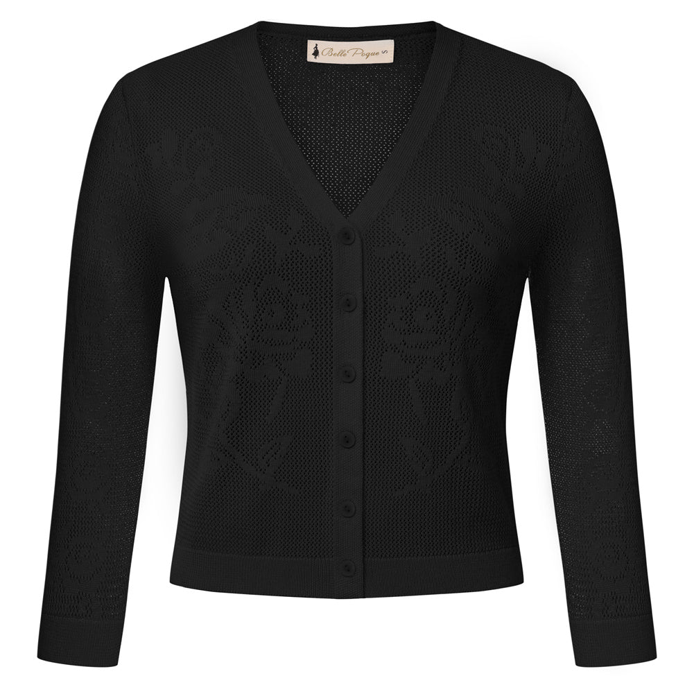 belle poque Women's Lace Cardigan Lightweight 3/4 Sleeve Button Down Cardigans Black