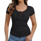 belle poque 2026 Women's Tops Pleated Bow Tie Front Shirts Spring Summer Casual Knit Top Black